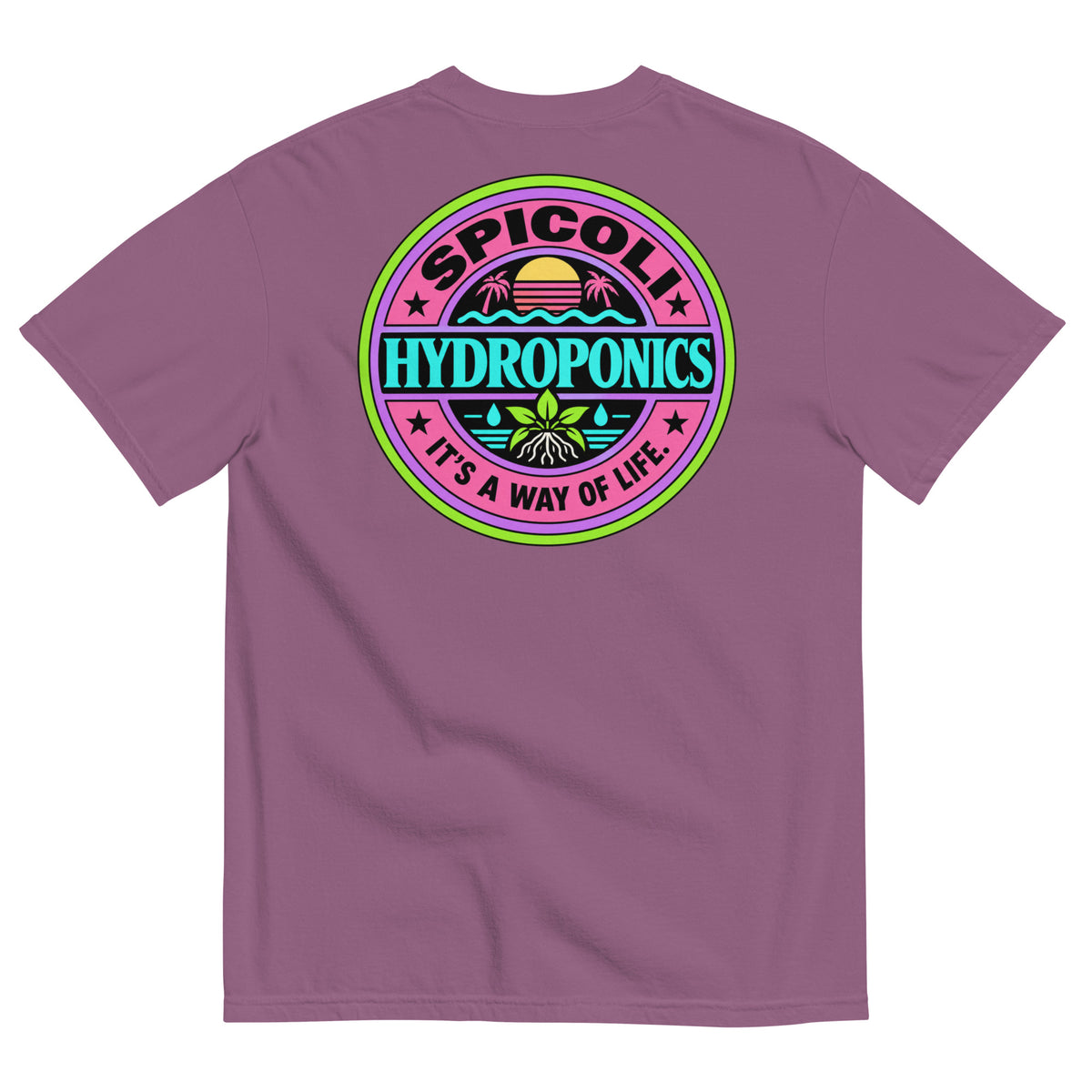 Back of a berry colored Comfort Colors 1717 T-shirt featuring a large colorful Spicoli Hydroponics graphic with retro 1980s surf styling and “It’s A Way Of Life” text.