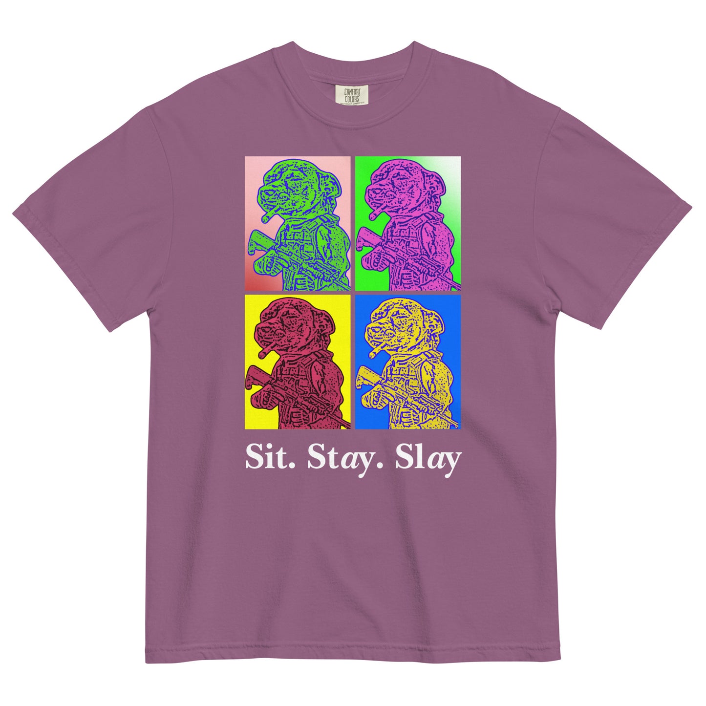 A berry colored women's t-shirt with a four-panel pop-art graphic of the tactical Chihuahua meme, with the text 'Sit. Stay. Slay' underneath as a tribute to the New Order album 'Technique' pop art style cover art.