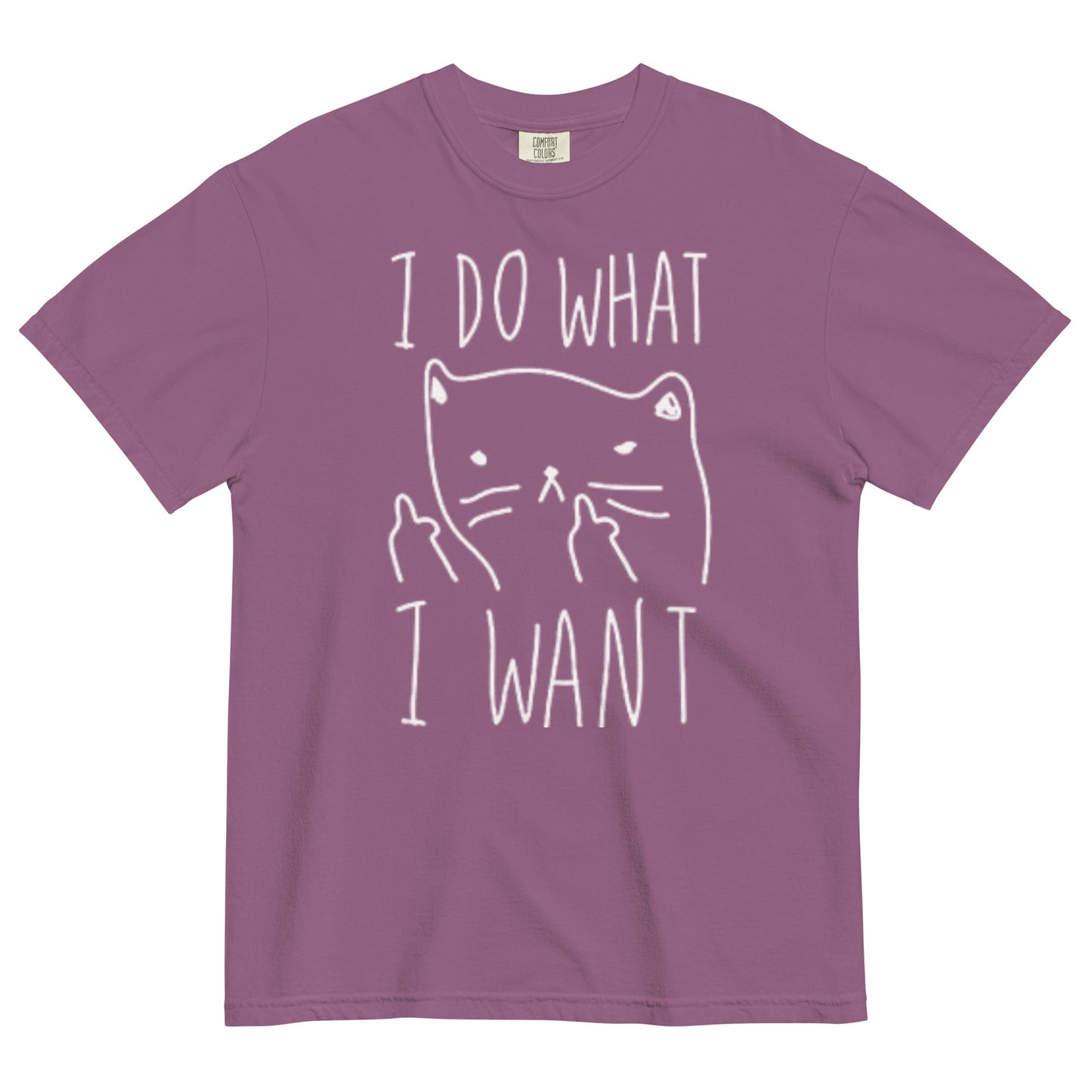 A berry colored t-shirt with a graphic of a cat with anthropomorphic middle fingers raised to the viewer and text 'I DO WHAT I WANT' on a white background