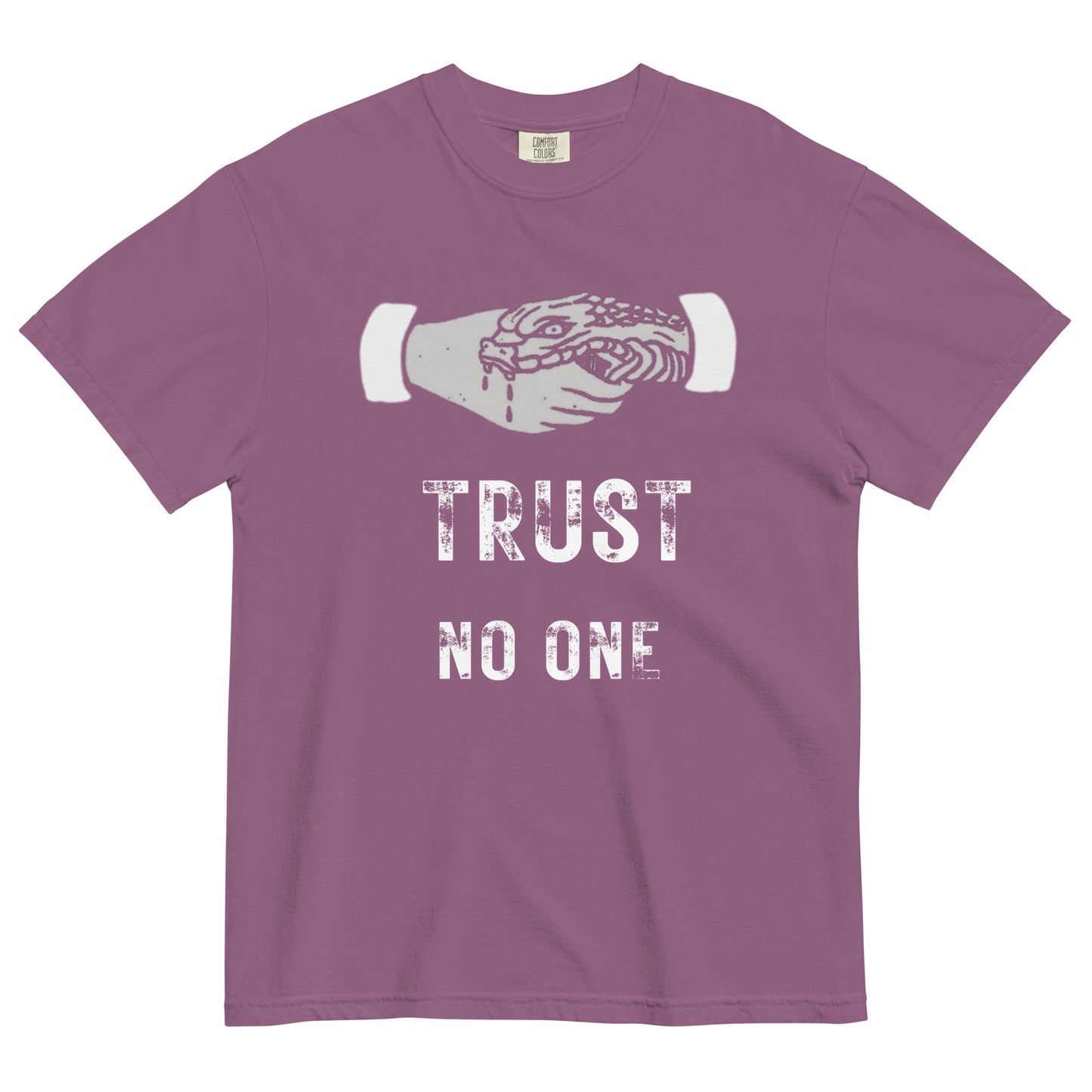 A berry colored short-sleeve crewneck t-shirt featuring a white graphic of a human hand shaking a snake, positioned above distressed white text that reads 'TRUST NO ONE'.