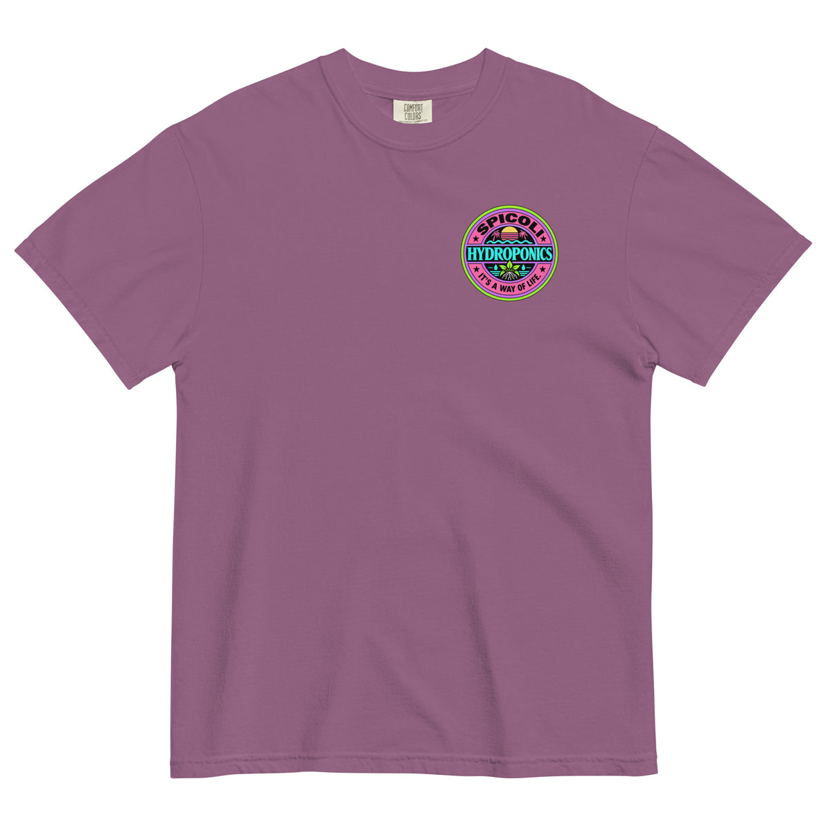 Berry colored Comfort Colors 1717 T-shirt with a small Spicoli Hydroponics retro surf-style logo printed on the left chest.