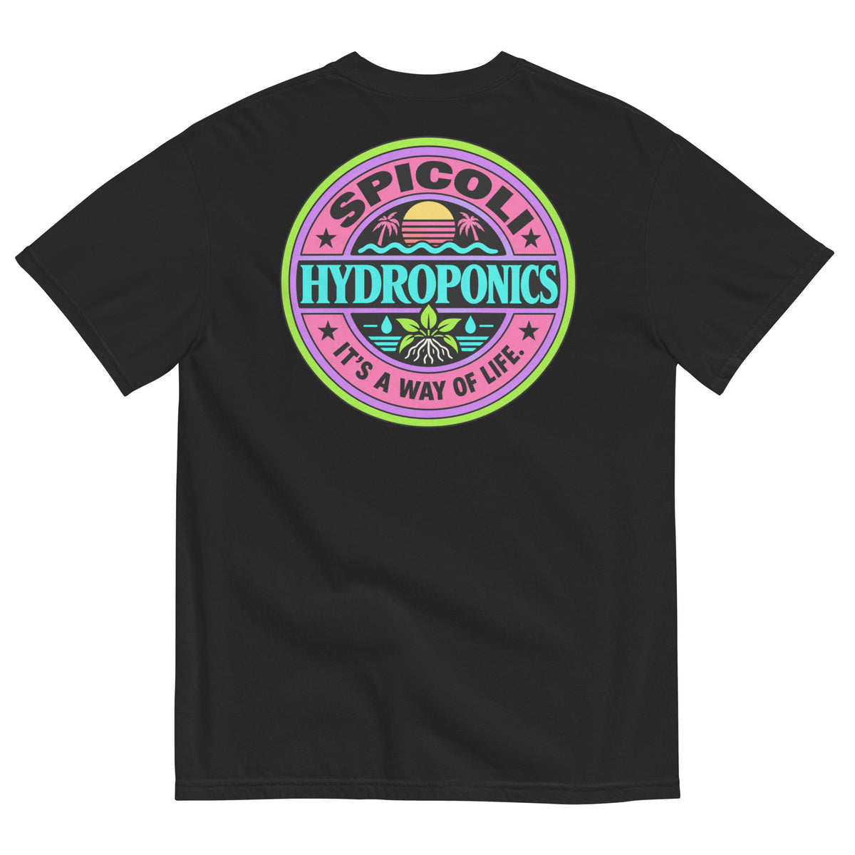 Back of a black Comfort Colors 1717 T-shirt featuring a large colorful Spicoli Hydroponics graphic with retro 1980s surf styling and “It’s A Way Of Life” text.