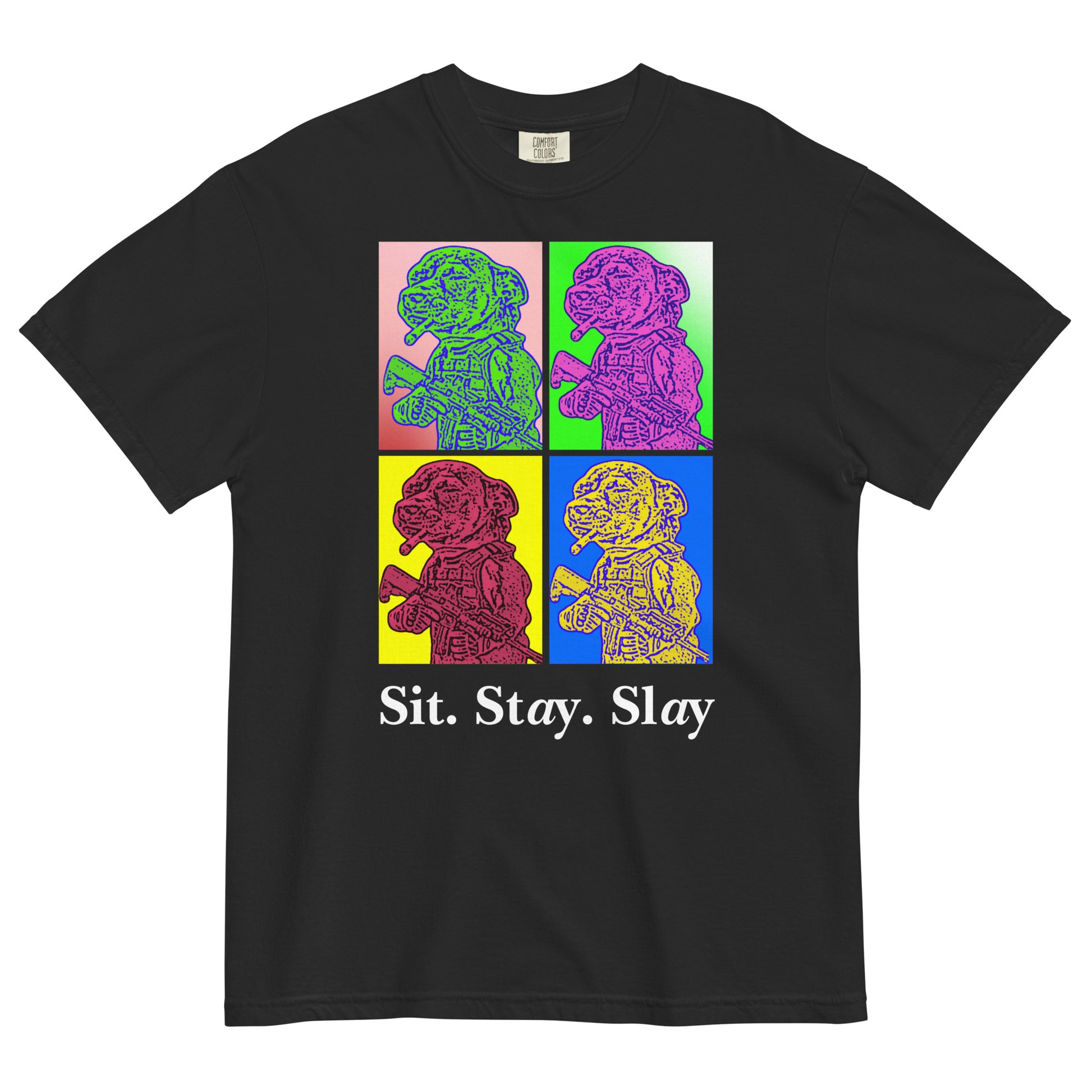 A black colored women's t-shirt with a four-panel pop-art graphic of the tactical Chihuahua meme, with the text 'Sit. Stay. Slay' underneath as a tribute to the New Order album 'Technique' pop art style cover art.