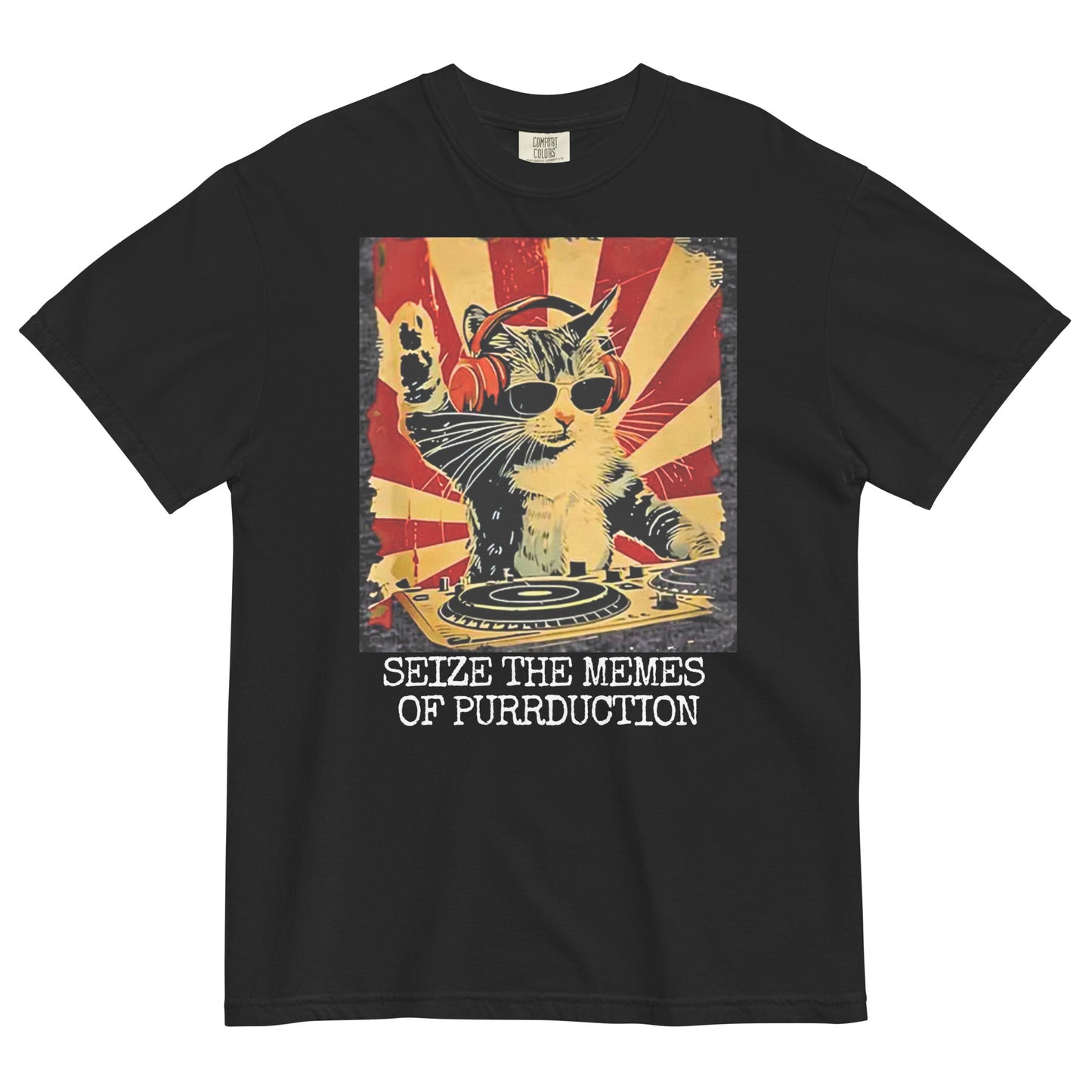 A black women's t-shirt with a graphic of a cat DJing against a vintage propaganda style poster background, with the text "SEIZE THE MEMES OF PURRDUCTION" at the bottom