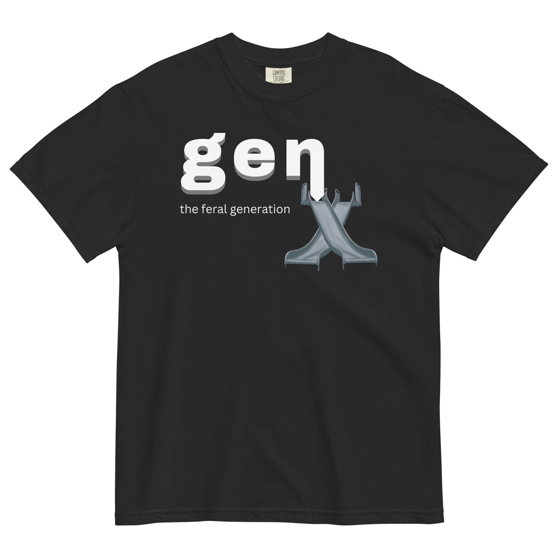 A black t-shirt featuring 'gen x the feral generation' text. The 'x' is formed by two, overlaid 1970's style playground slides. 