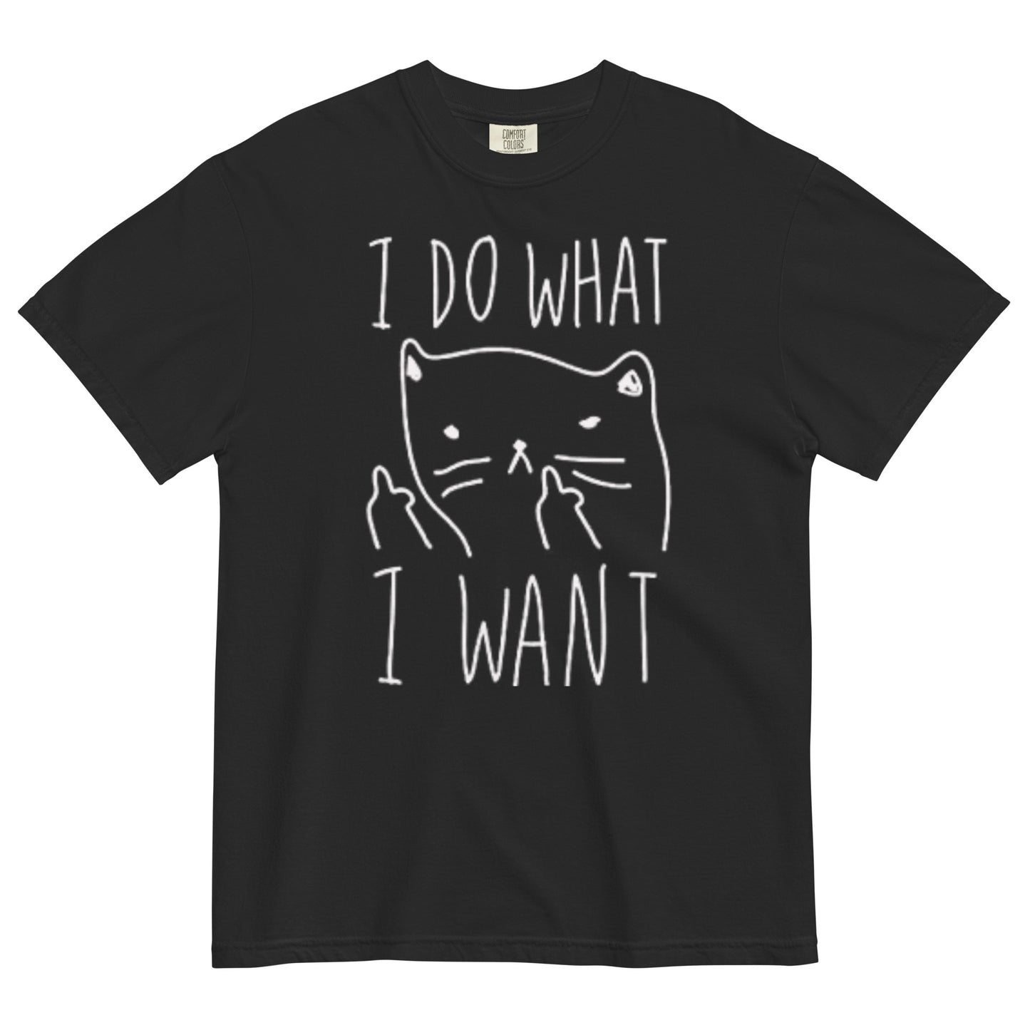A black t-shirt with a graphic of a cat with anthropomorphic middle fingers raised to the viewer and text 'I DO WHAT I WANT' on a white background