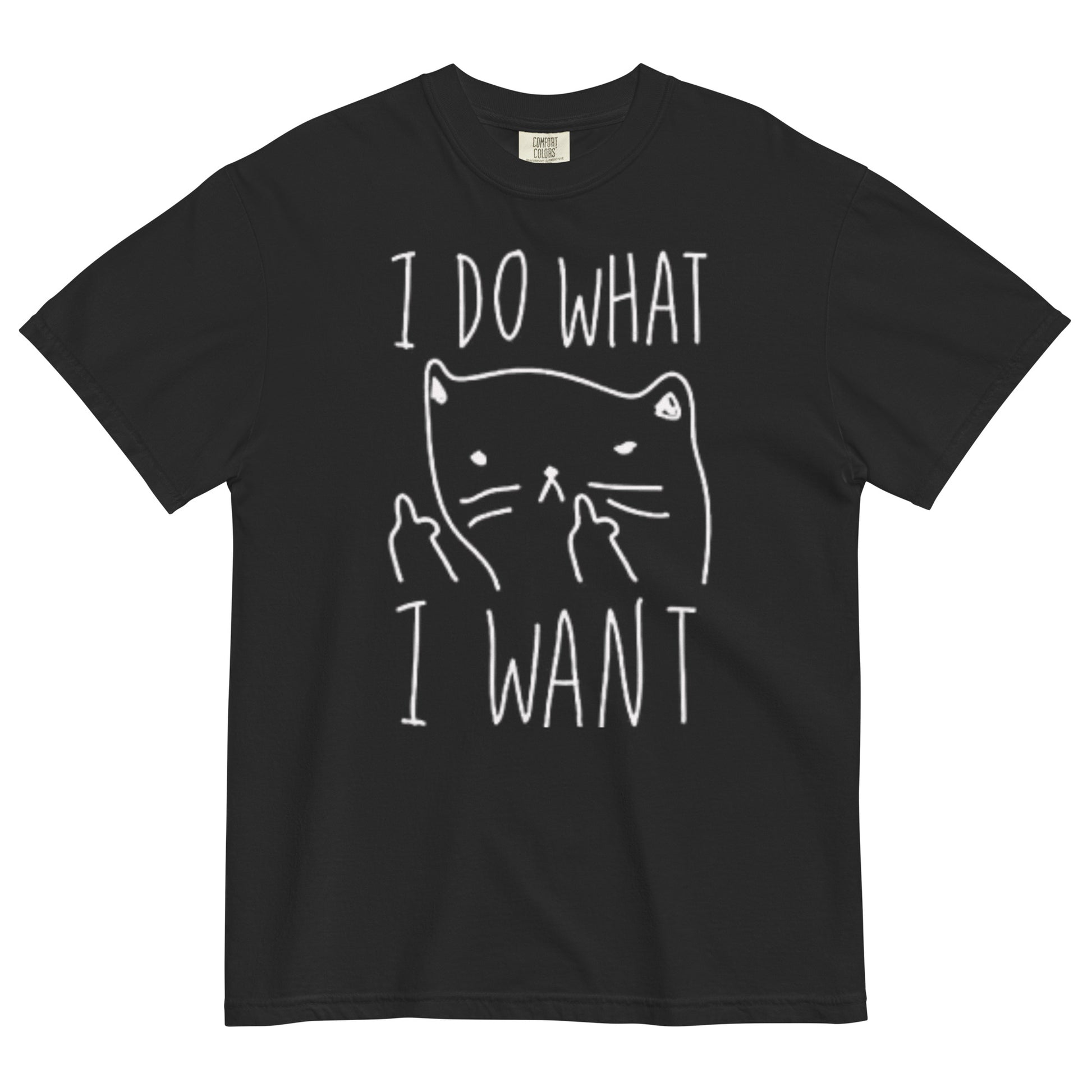 A black t-shirt with a graphic of a cat with anthropomorphic middle fingers raised to the viewer and text 'I DO WHAT I WANT' on a white background