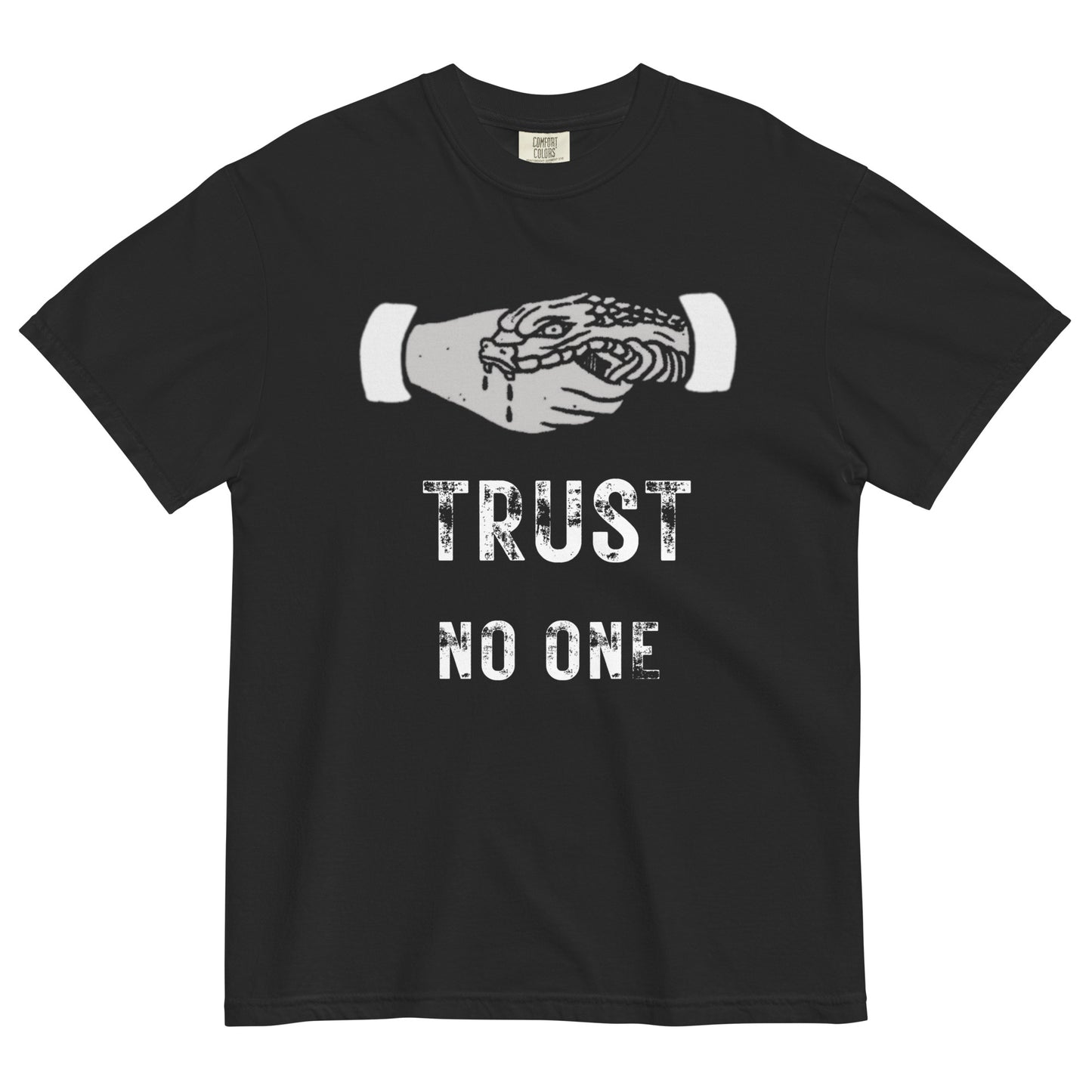A black short-sleeve crewneck t-shirt featuring a white graphic of a human hand shaking a snake, positioned above distressed white text that reads 'TRUST NO ONE'.