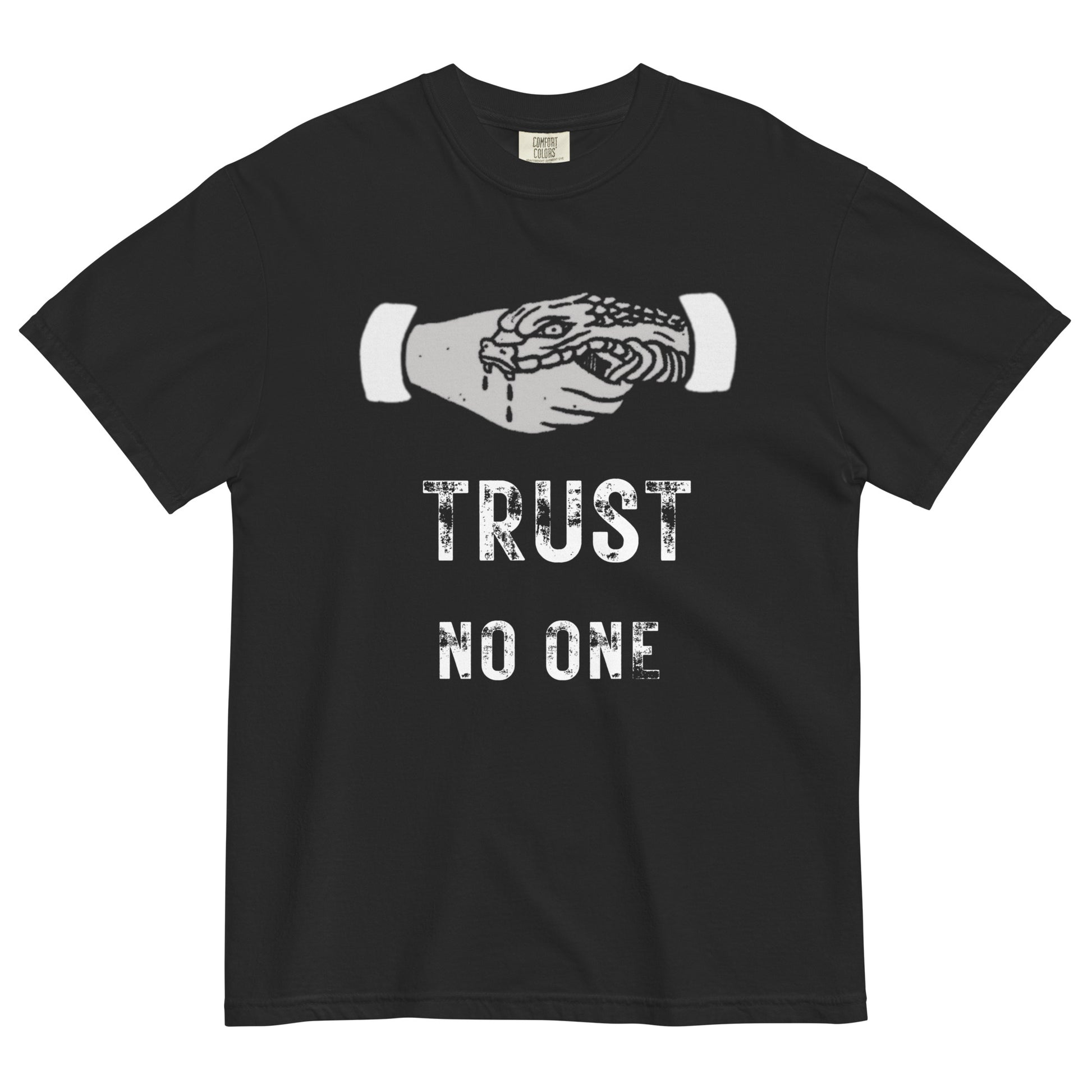 A black short-sleeve crewneck t-shirt featuring a white graphic of a human hand shaking a snake, positioned above distressed white text that reads 'TRUST NO ONE'.