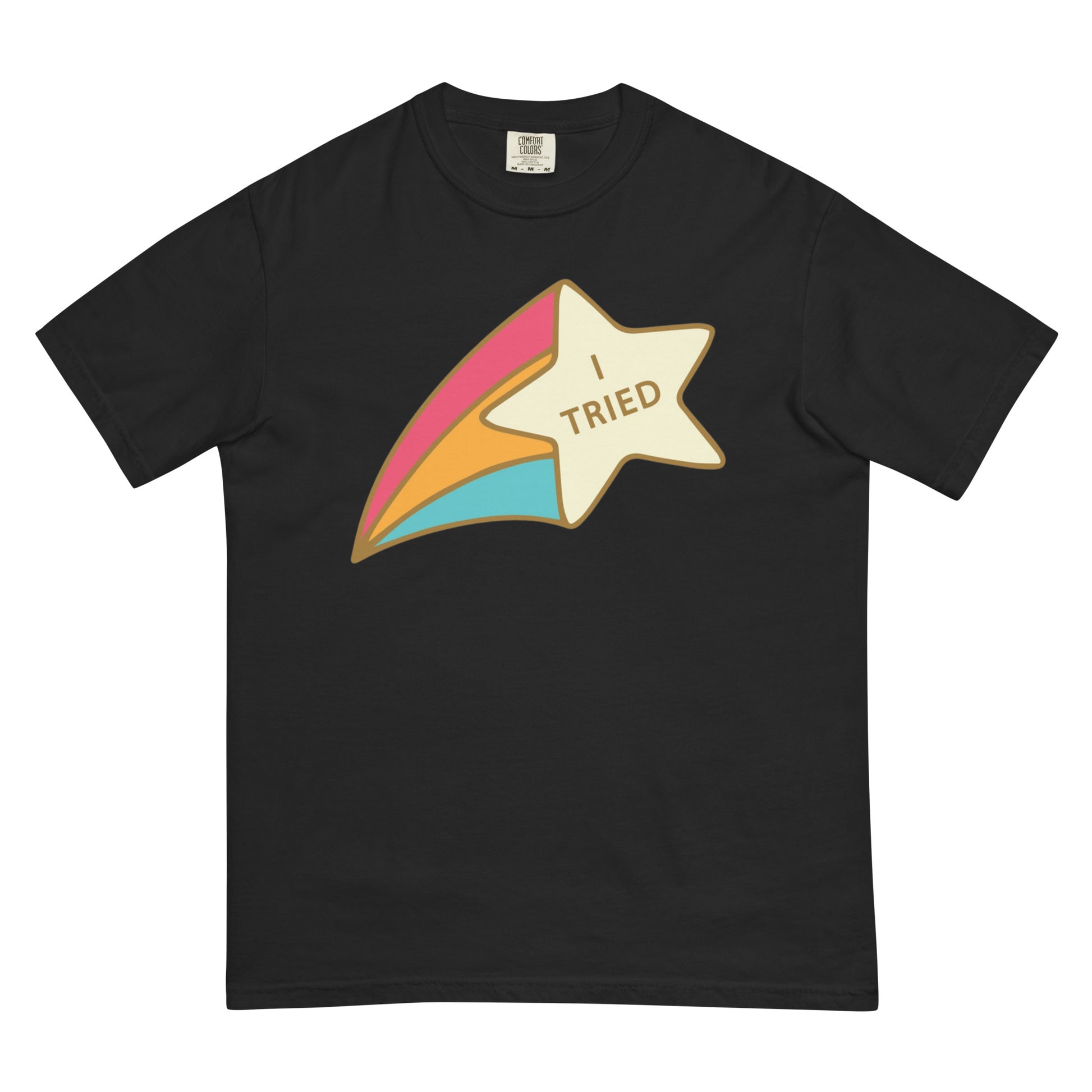 Black t-shirt with a colorful star graphic and 'I Tried' text on a white background.