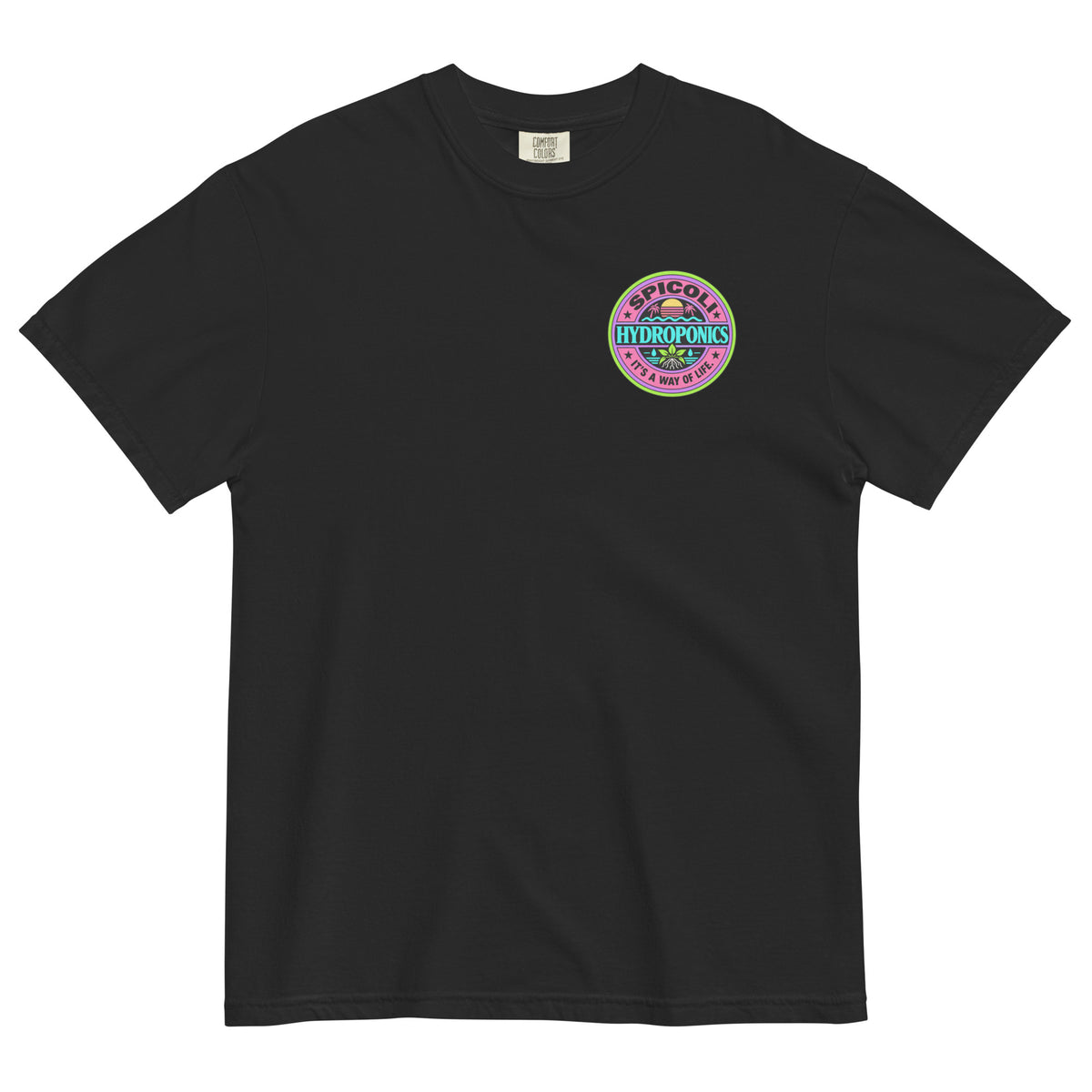 Black Comfort Colors 1717 T-shirt with a small Spicoli Hydroponics retro surf-style logo printed on the left chest.