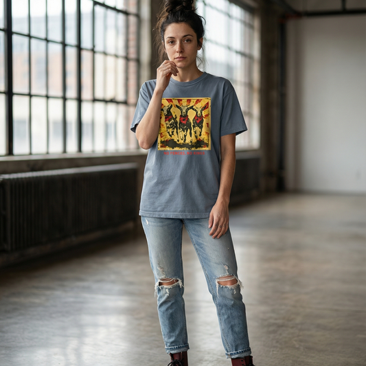 A woman standing in an empty industrial loft wearing distressed light-wash jeans and maroon Doc Martens. She is wearing a black colored Comfort Colors 1717 heavyweight t-shirt featuring a "No Fences, No Kings" graphic with three goats in red bandanas and a distressed sunburst background. Below the graphic is bold, red, all-caps text that reads, "NO FENCES, NO KINGS".