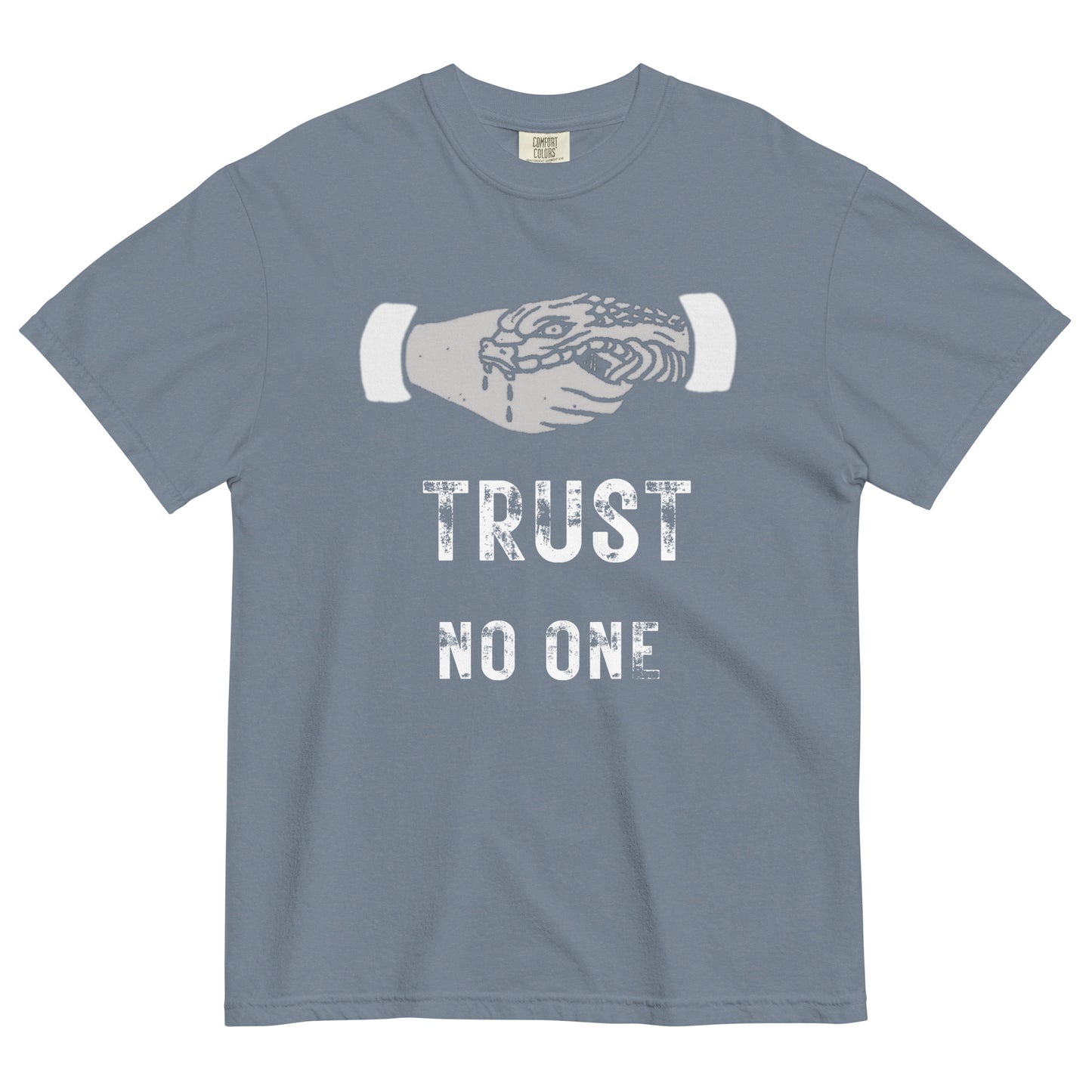 A blue jean colored short-sleeve crewneck t-shirt featuring a white graphic of a human hand shaking a snake, positioned above distressed white text that reads 'TRUST NO ONE'.