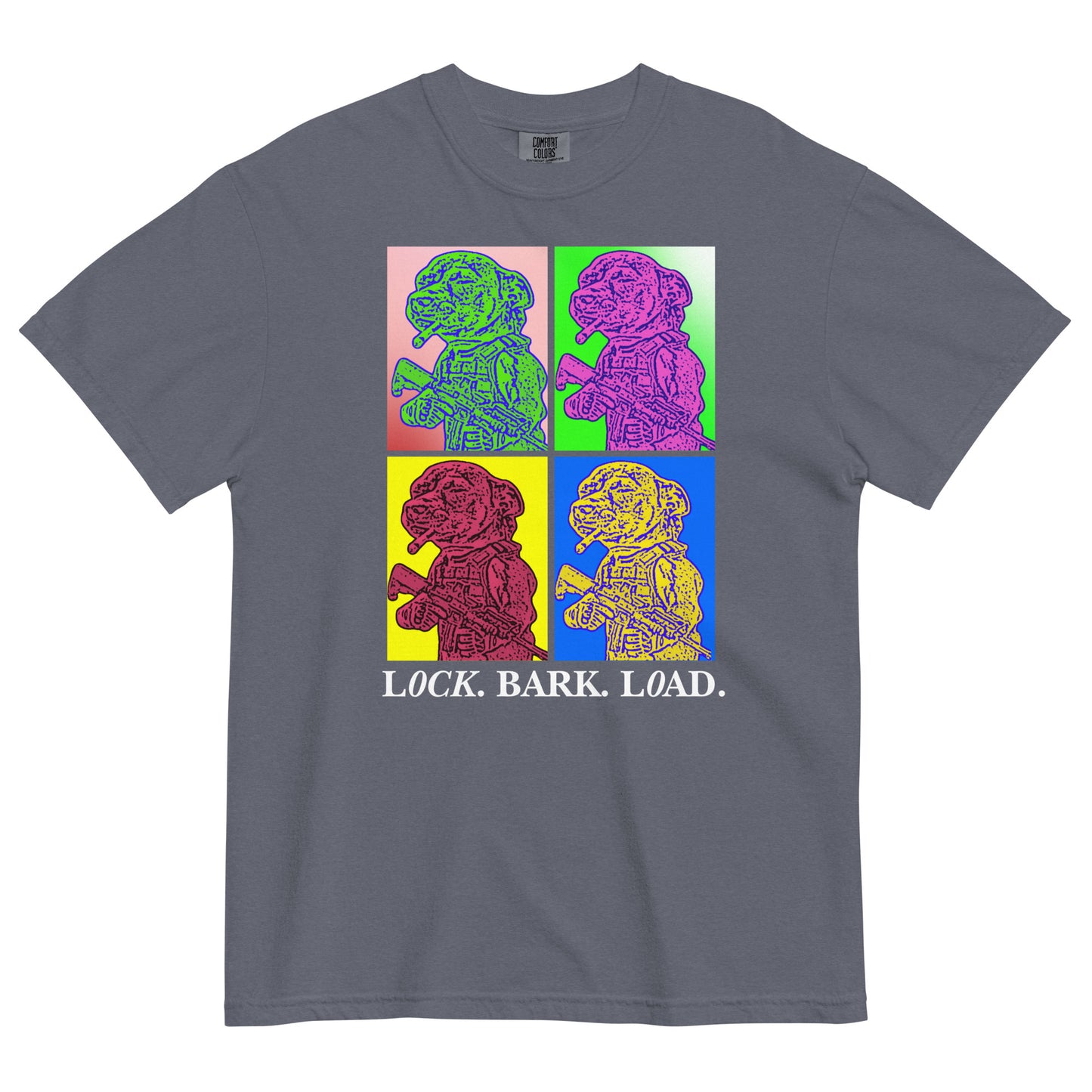 A denim women's t-shirt with a four-panel pop-art graphic of the tactical Chihuahua meme, with the text 'Lock. Bark. Load' underneath as a tribute to the New Order album 'Technique' pop art style cover art.