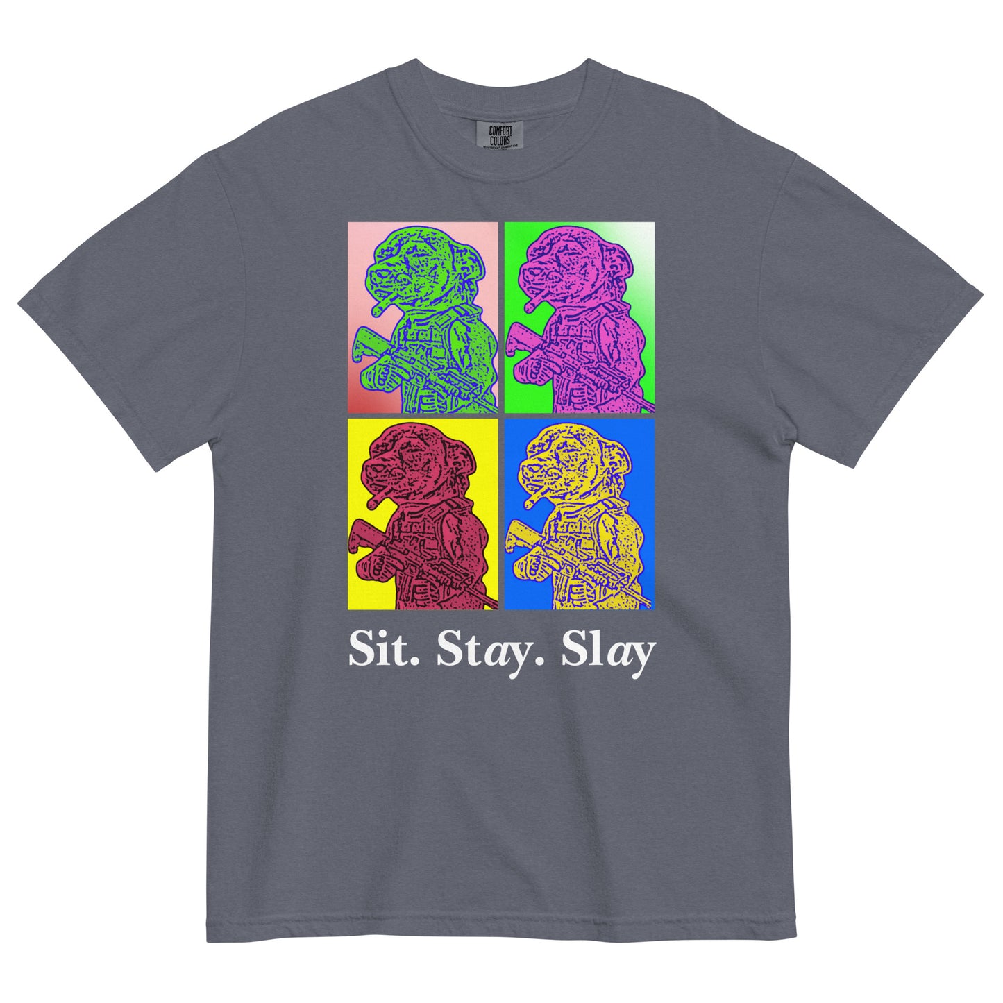 A denim colored men's t-shirt with a four-panel pop-art graphic of the tactical Chihuahua meme, with the text 'Sit. Stay. Slay' underneath as a tribute to the New Order album 'Technique' pop art style cover art.