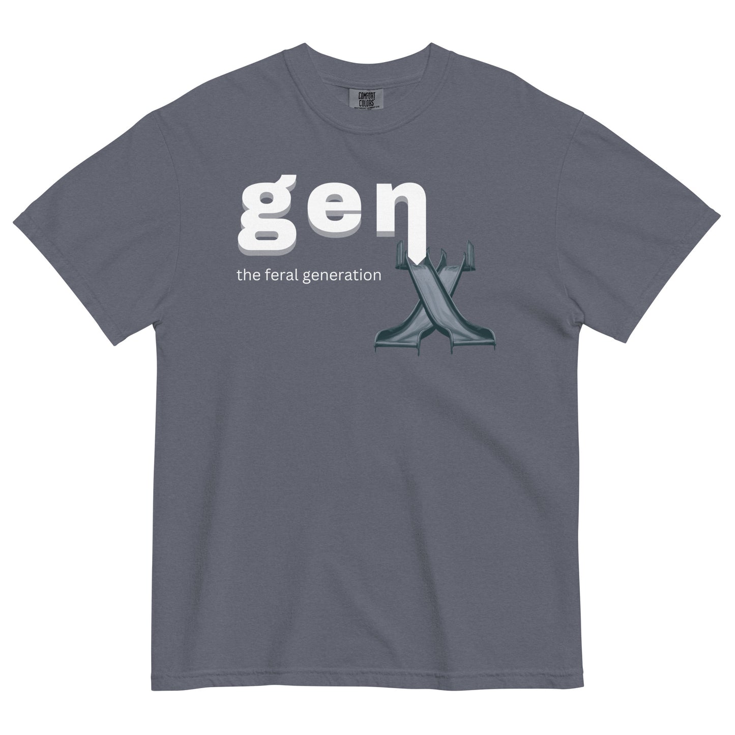 A denim colored t-shirt featuring 'gen x the feral generation' text. The 'x' is formed by two, overlaid 1970's style playground slides. 