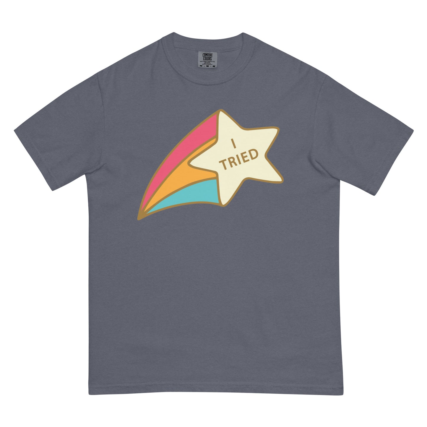 A denim coloured t-shirt with a colorful star graphic and 'I Tried' text on a white background.