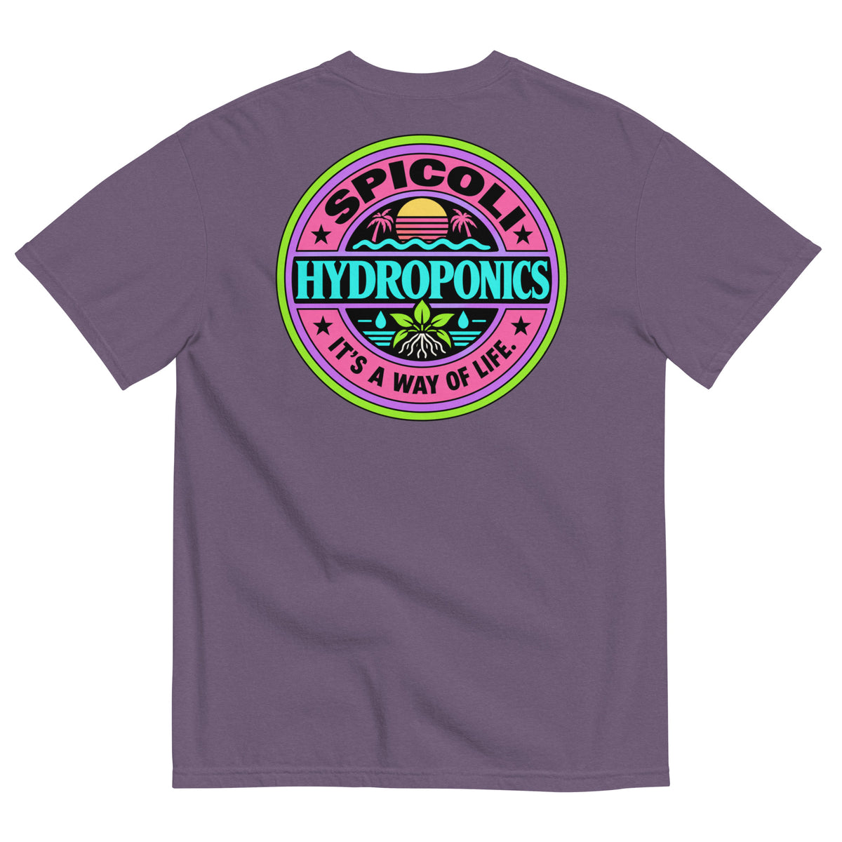 Back of a grape colored Comfort Colors 1717 T-shirt featuring a large colorful Spicoli Hydroponics graphic with retro 1980s surf styling and “It’s A Way Of Life” text.