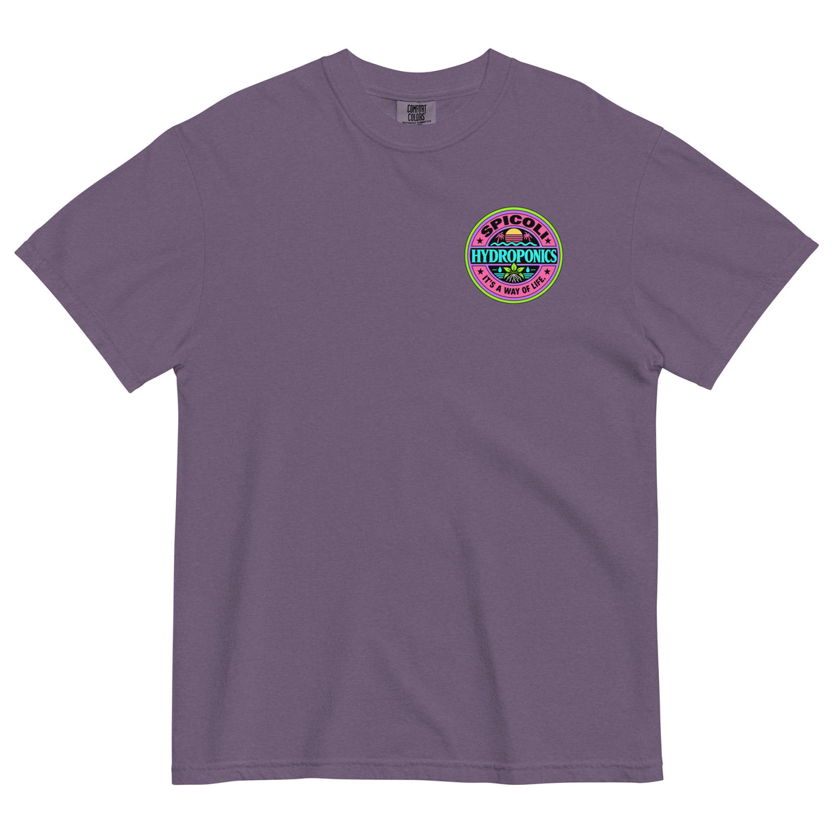Grape colored Comfort Colors 1717 T-shirt with a small Spicoli Hydroponics retro surf-style logo printed on the left chest.