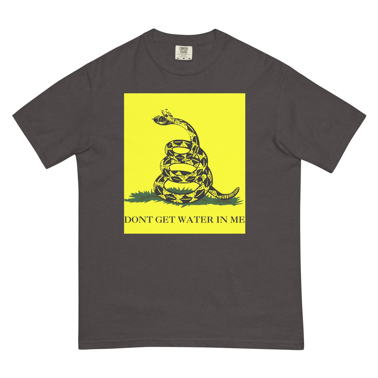 A graphite colored t-shirt with a yellow Gadsden Flag style graphic featuring a snake on a bed of grass. Under the bed of grass is the all-caps text, 'DON'T GET WATER IN ME'. The snakes jaws are open to reveal a watch face. 