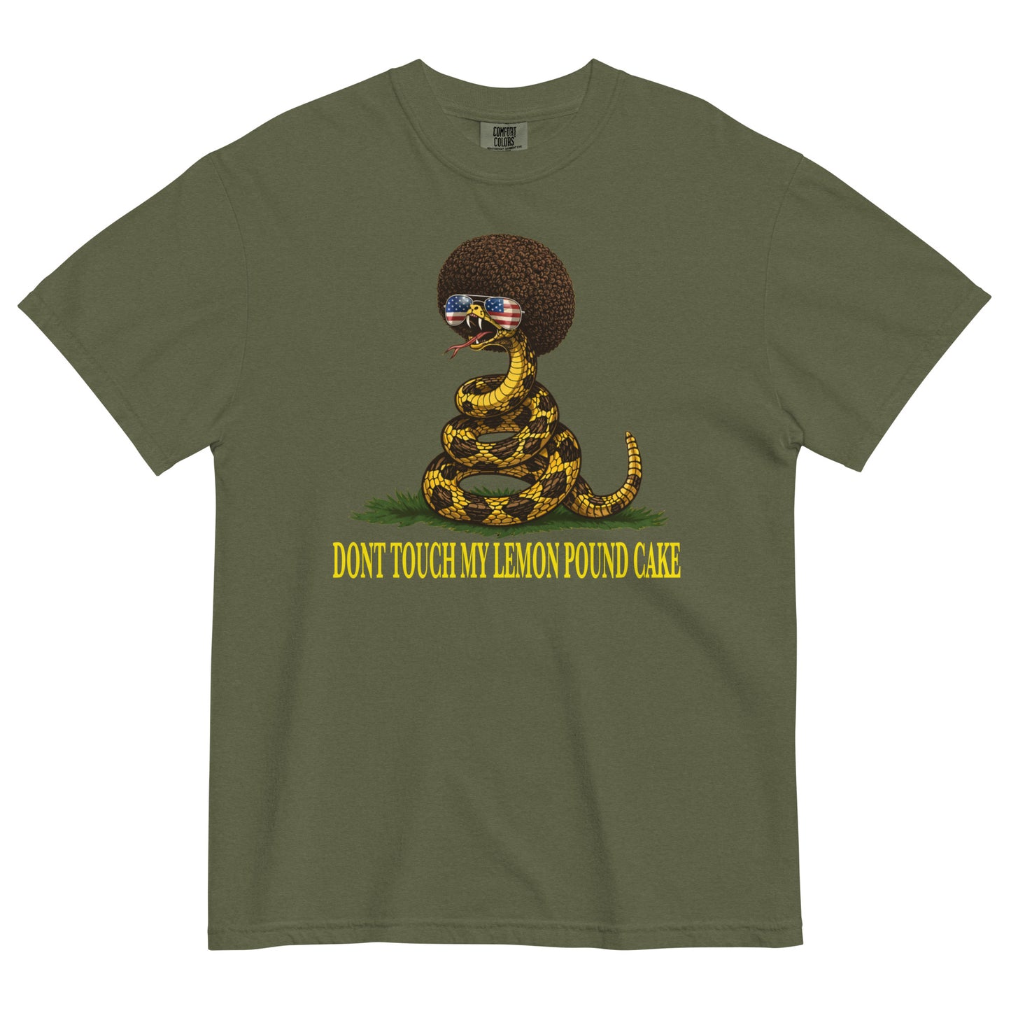 A hemp colored graphic t-shirt featuring a coiled rattlesnake with a large brown afro and flag-mirrored sunglasses above yellow text that reads "DONT TOUCH MY LEMON POUND CAKE."