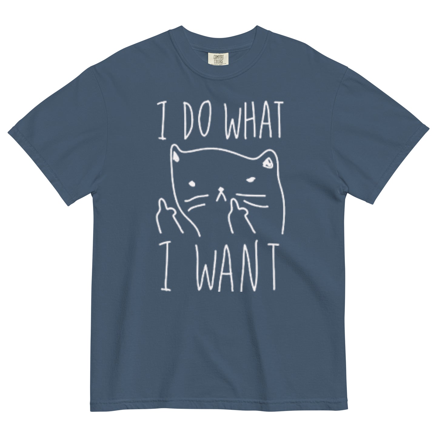 A midnight blue t-shirt with a graphic of a cat with anthropomorphic middle fingers raised to the viewer and text 'I DO WHAT I WANT' on a white background
