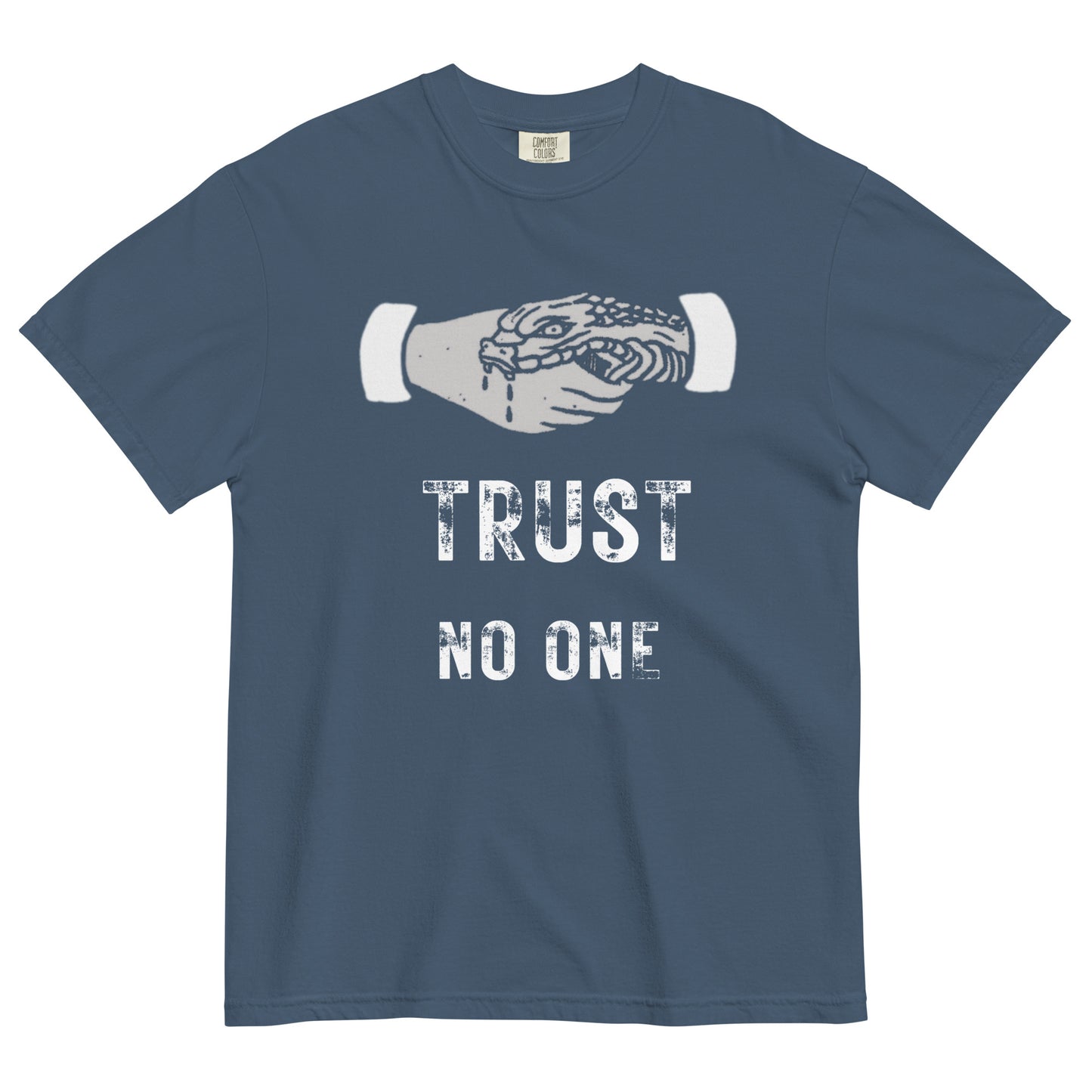 A midnight blue colored short-sleeve crewneck t-shirt featuring a white graphic of a human hand shaking a snake, positioned above distressed white text that reads 'TRUST NO ONE'.
