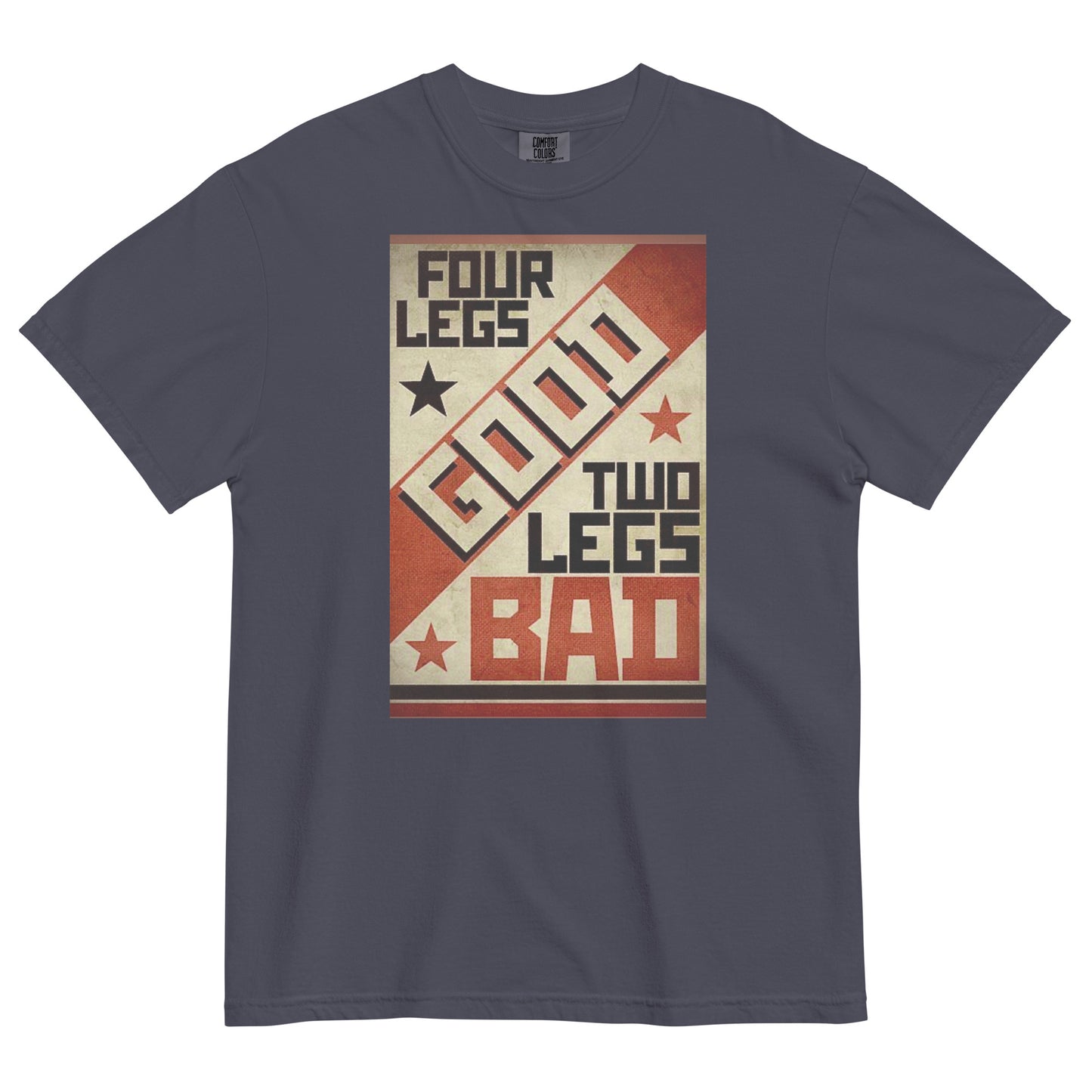 A navy colored short-sleeve crewneck t-shirt featuring a retro propaganda-style rectangular graphic. The design uses a textured tan, red, and black color palette with diagonal geometric blocking. It features the text 'FOUR LEGS' in black, a large diagonal 'GOOD' in off-white, 'TWO LEGS' in black, and a large 'BAD' in red at the bottom. The design is accented with small black and red stars.