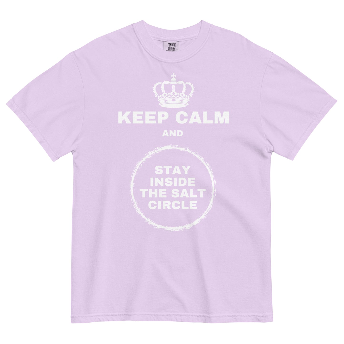 An orchid colored t-shirt with a crown graphic over top of bold all-caps text that reads 'KEEP CALM AND STAY INSIDE THE SALT CIRCLE, with a white circular graphic to represent a 'salt circle'. 