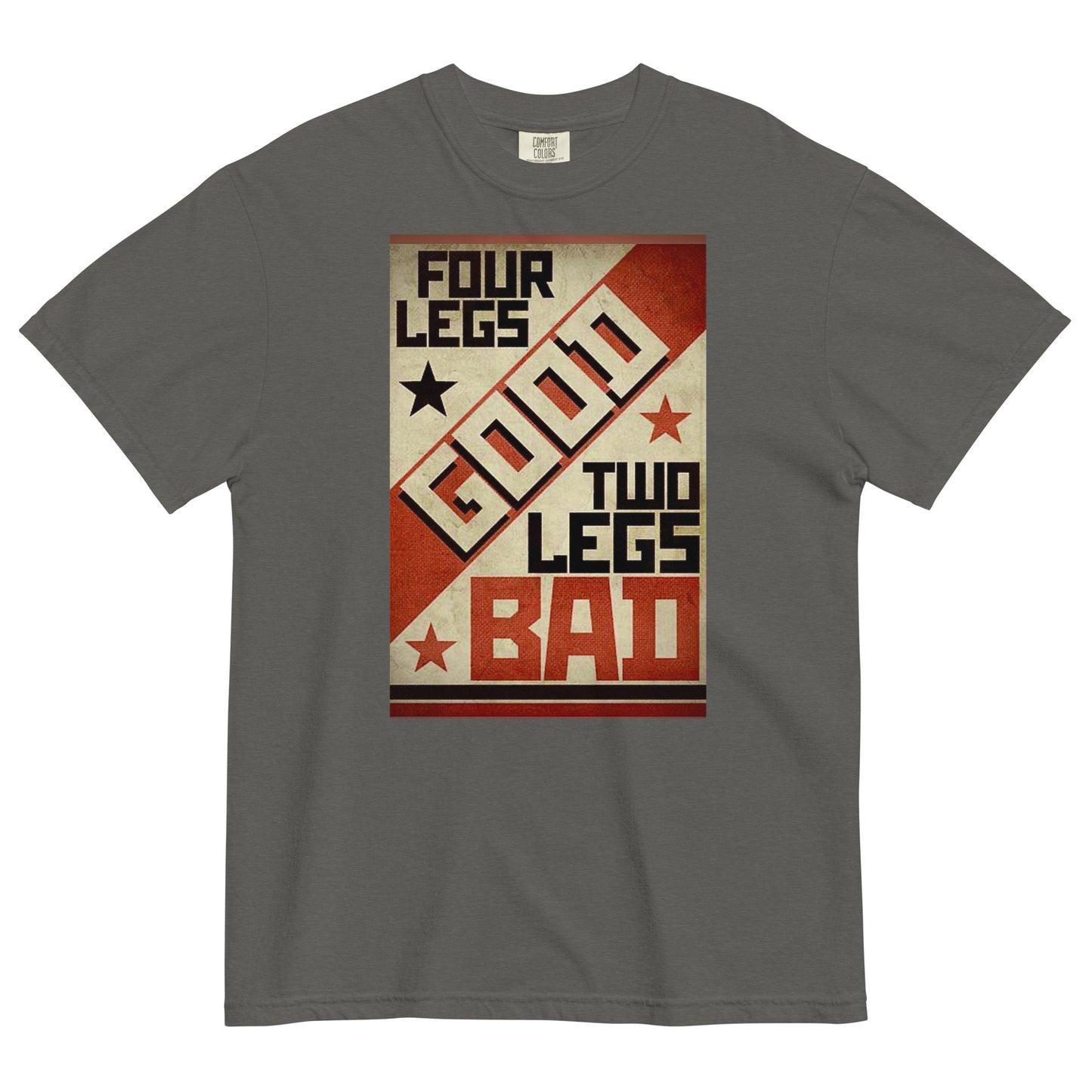 A pepper colored short-sleeve crewneck t-shirt featuring a retro propaganda-style rectangular graphic. The design uses a textured tan, red, and black color palette with diagonal geometric blocking. It features the text 'FOUR LEGS' in black, a large diagonal 'GOOD' in off-white, 'TWO LEGS' in black, and a large 'BAD' in red at the bottom. The design is accented with small black and red stars.