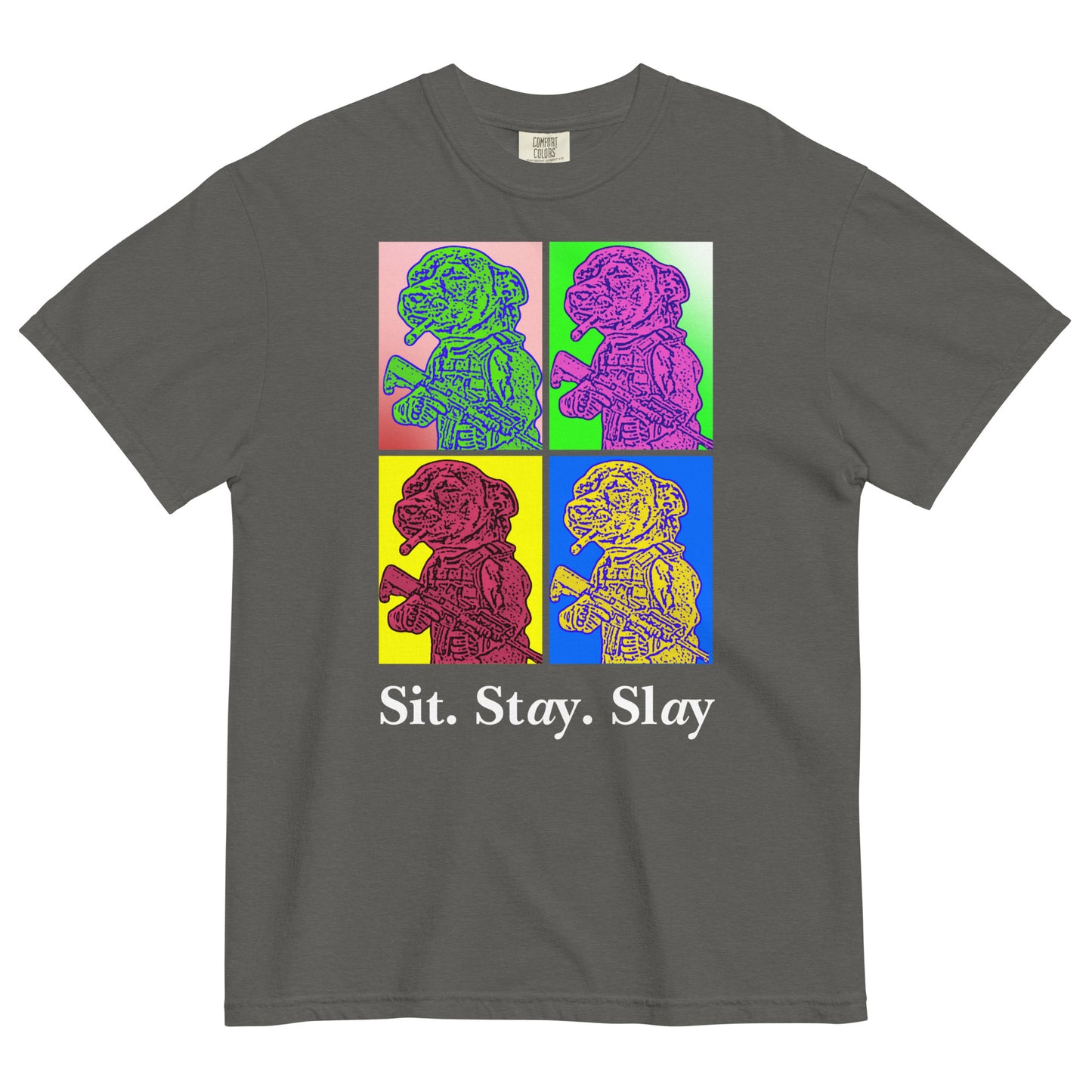 A pepper colored women's t-shirt with a four-panel pop-art graphic of the tactical Chihuahua meme, with the text 'Sit. Stay. Slay' underneath as a tribute to the New Order album 'Technique' pop art style cover art.