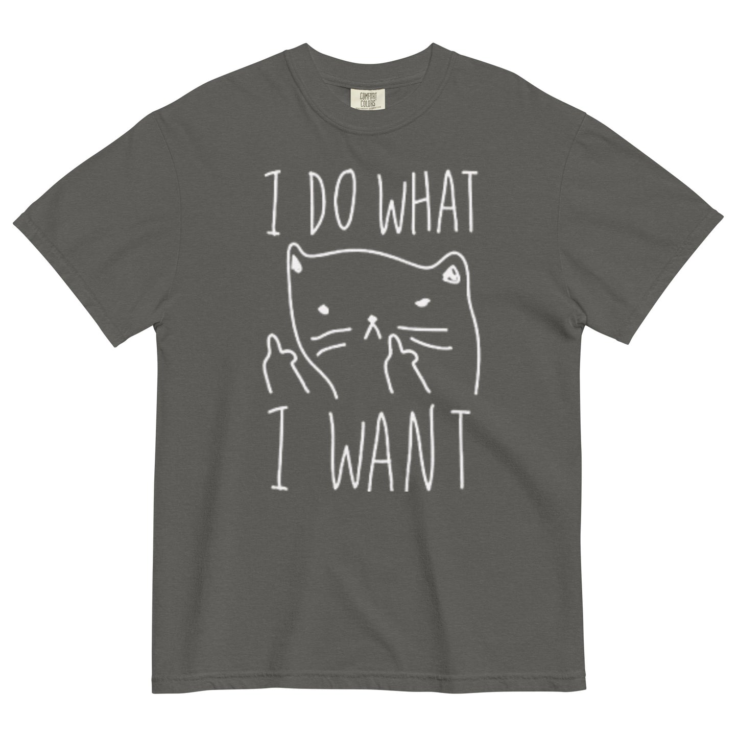 A pepper colored t-shirt with a graphic of a cat with anthropomorphic middle fingers raised to the viewer and text 'I DO WHAT I WANT' on a white background