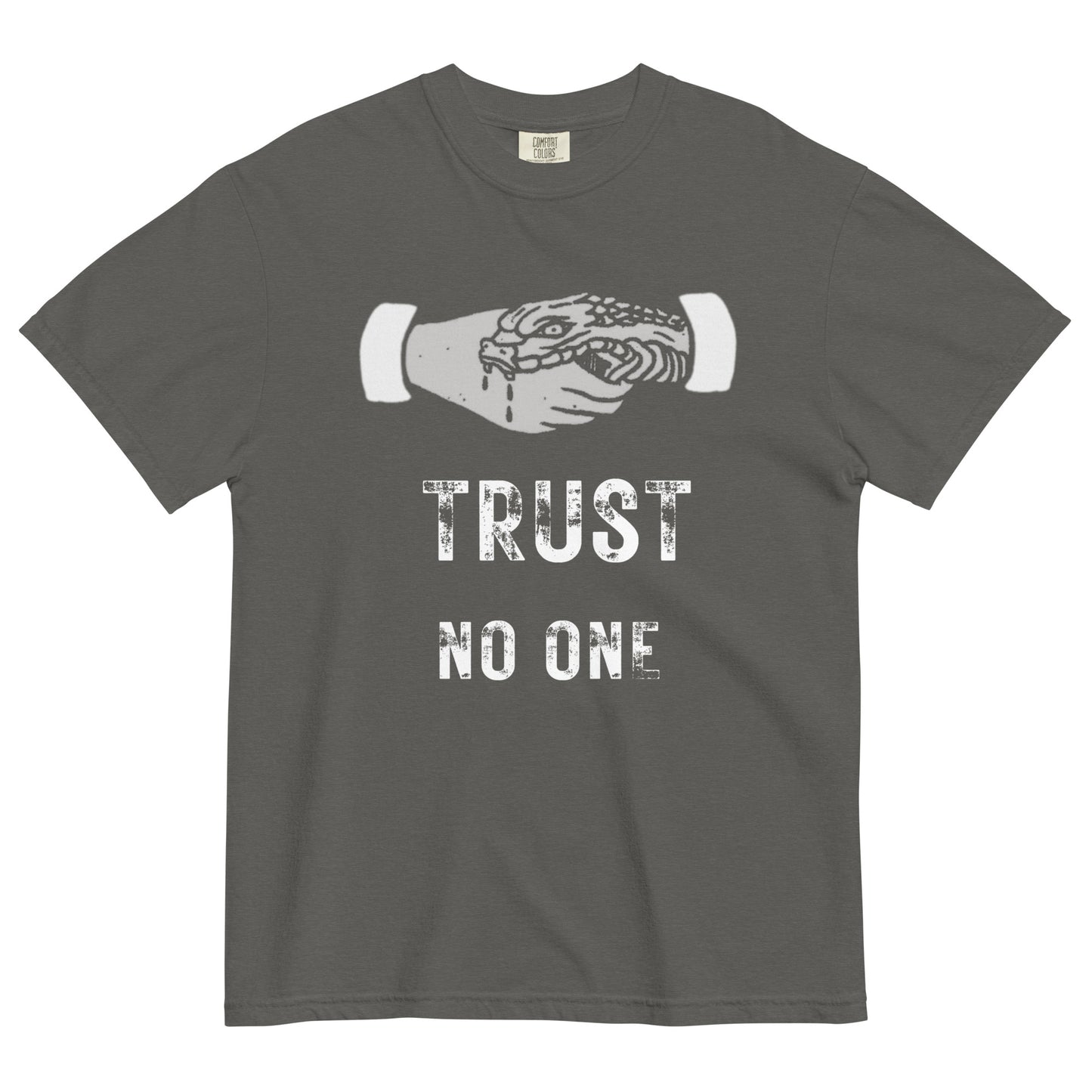 A pepper colored short-sleeve crewneck t-shirt featuring a white graphic of a human hand shaking a snake, positioned above distressed white text that reads 'TRUST NO ONE'.