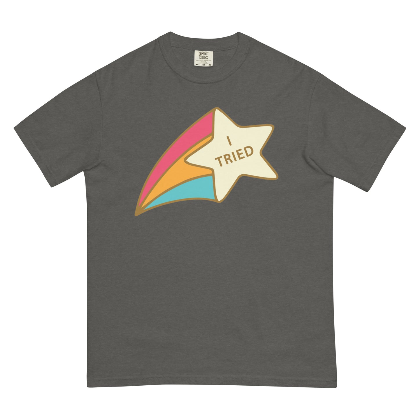 A pepper colored t-shirt with a colorful star graphic and 'I Tried' text on a white background.