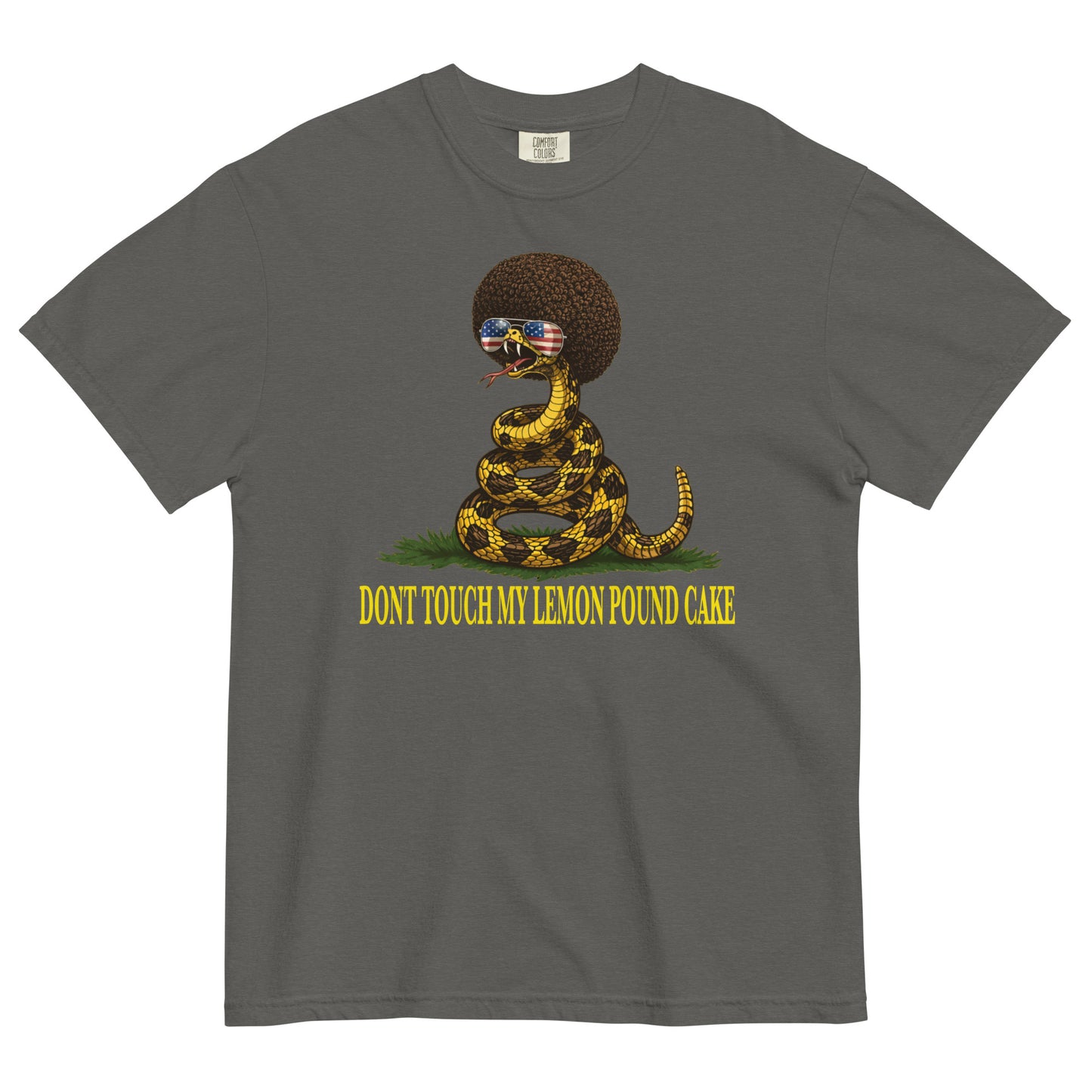 A pepper colored graphic t-shirt featuring a coiled rattlesnake with a large brown afro and flag-mirrored sunglasses above yellow text that reads "DONT TOUCH MY LEMON POUND CAKE."