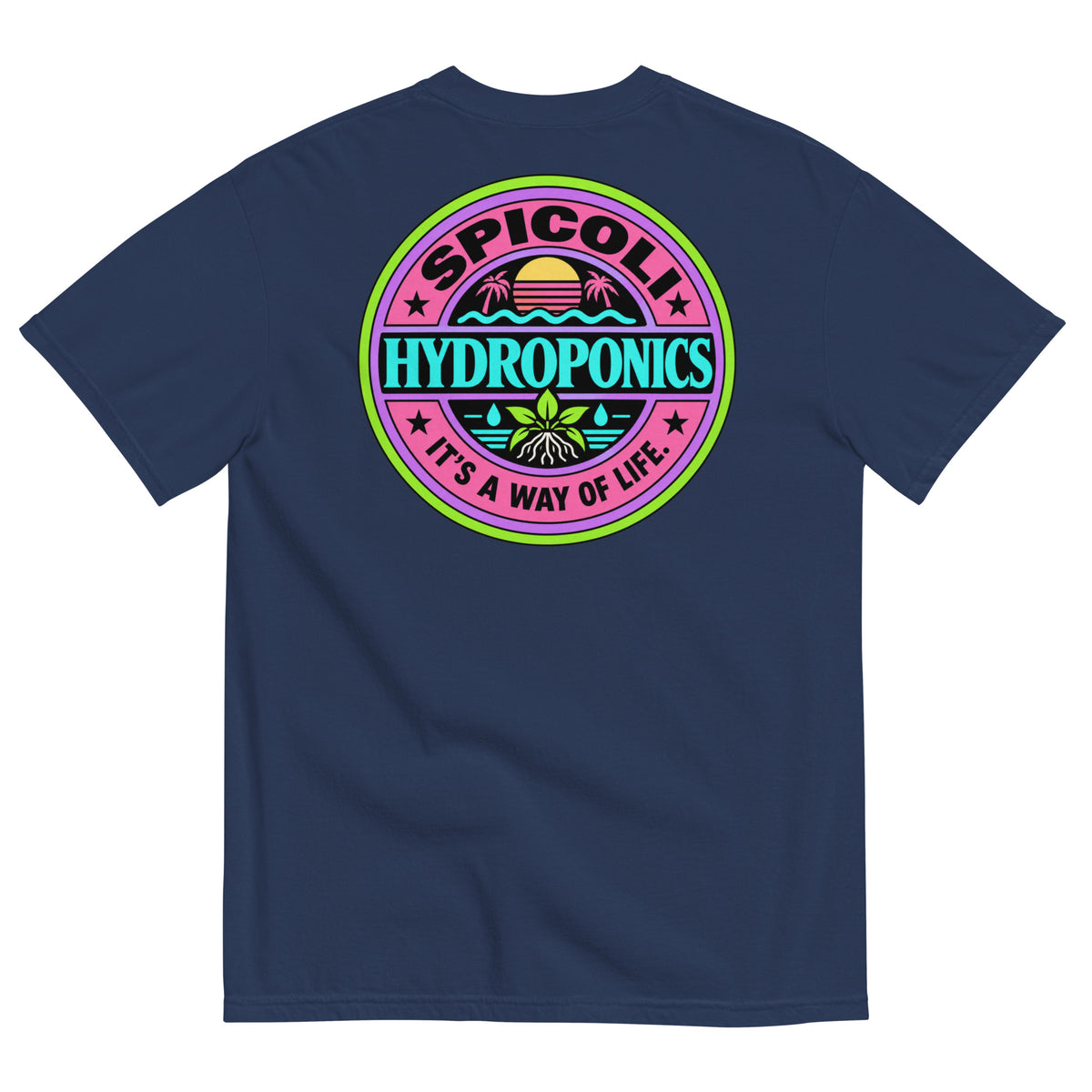 Back of a true navy Comfort Colors 1717 T-shirt featuring a large colorful Spicoli Hydroponics graphic with retro 1980s surf styling and “It’s A Way Of Life” text.