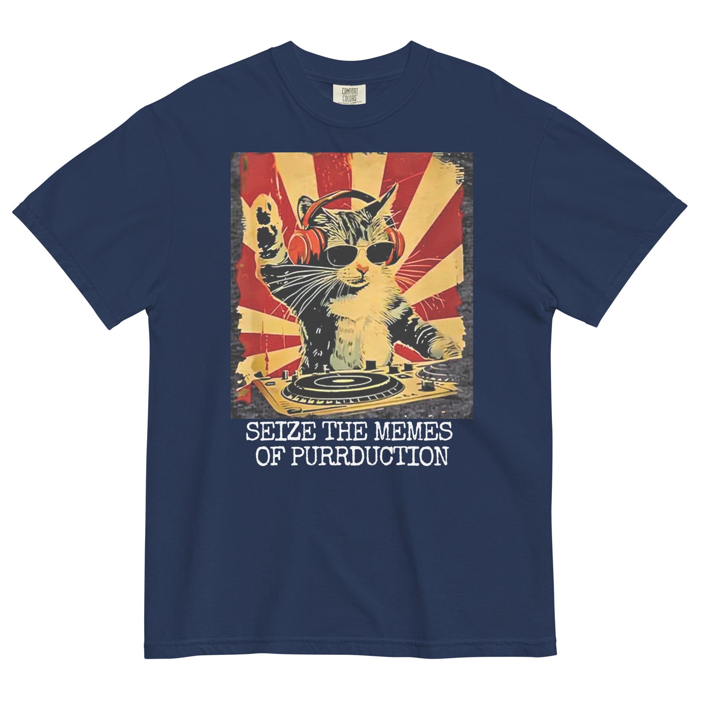 A true navy women's t-shirt with a graphic of a cat DJing against a vintage propaganda style poster background, with the text "SEIZE THE MEMES OF PURRDUCTION" at the bottom