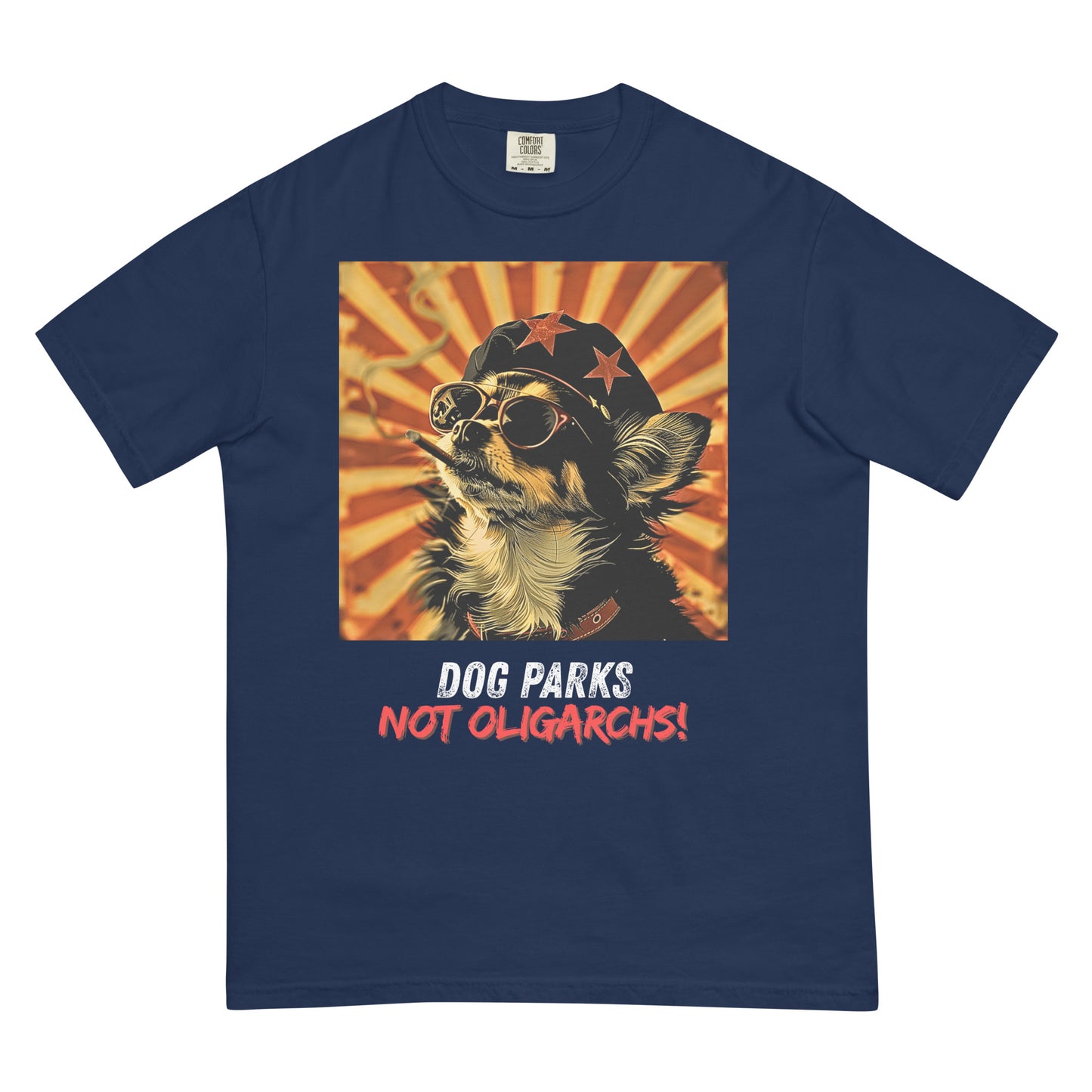 A true navy colored women's t-shirt with a graphic of a Chihuahua wearing sunglasses and a beret against a 50's style propaganda background with bold all-caps text underneath that reads "DOG PARKS NOT OLIGARCHS".