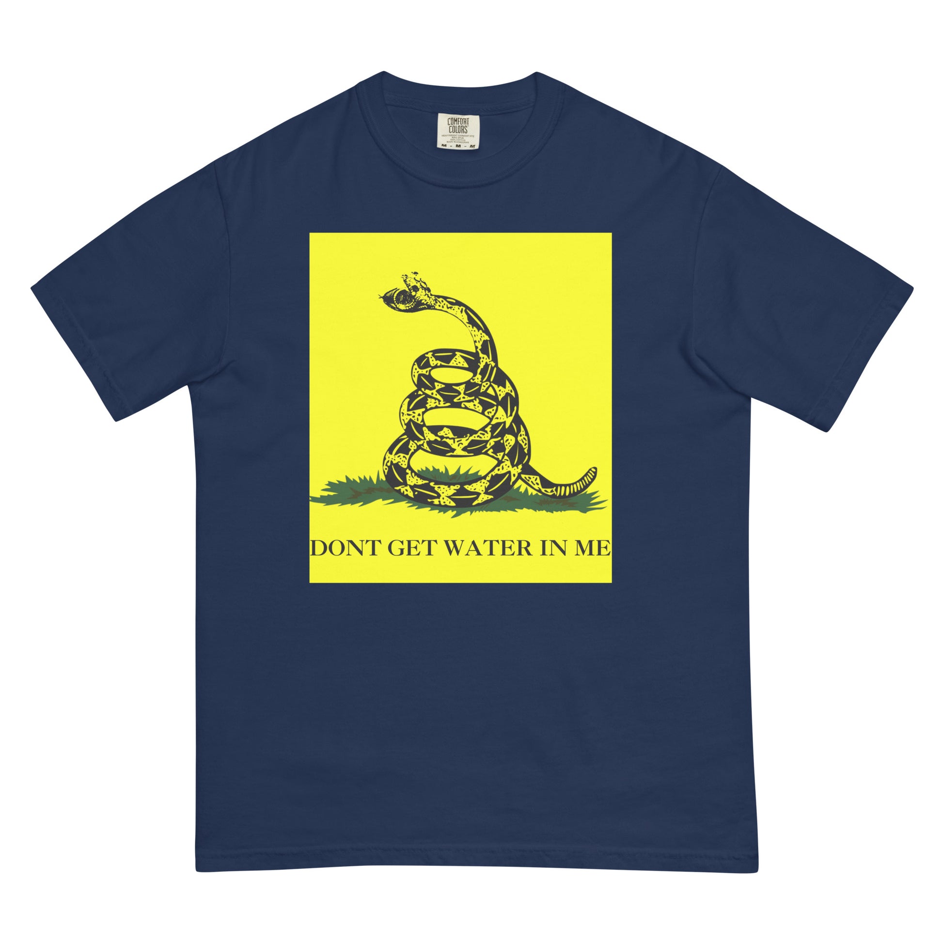 A blue t-shirt with a yellow Gadsden Flag style graphic featuring a snake on a bed of grass. Under the bed of grass is the all-caps text, 'DON'T GET WATER IN ME'. The snakes jaws are open to reveal a watch face. 