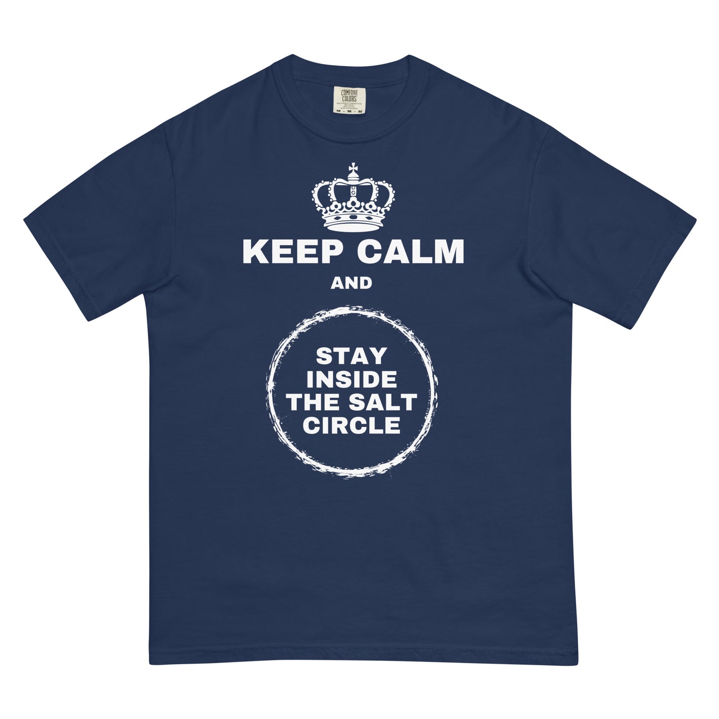 A true navy colored t-shirt with a crown graphic over top of bold all-caps text that reads 'KEEP CALM AND STAY INSIDE THE SALT CIRCLE, with a white circular graphic to represent a 'salt circle'. 