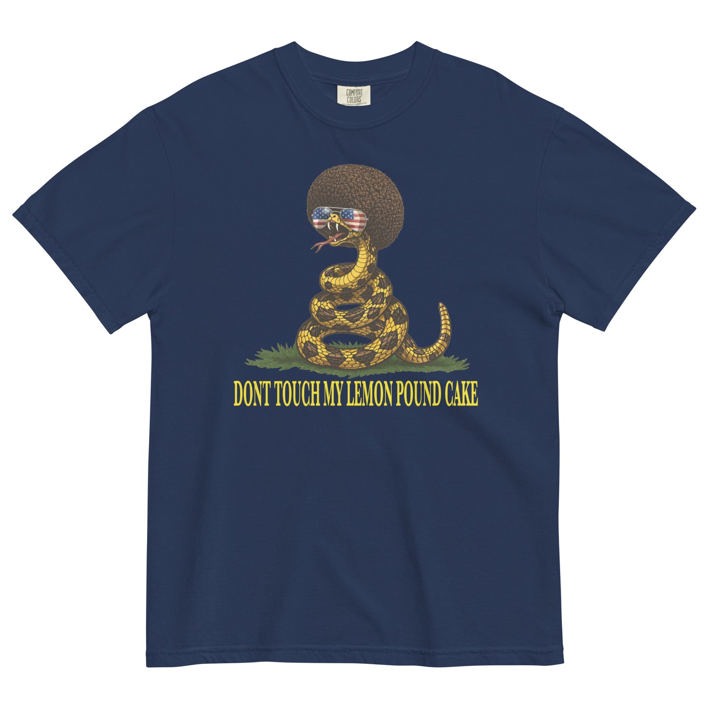 A true navy colored graphic t-shirt featuring a coiled rattlesnake with a large brown afro and flag-mirrored sunglasses above yellow text that reads "DONT TOUCH MY LEMON POUND CAKE."
