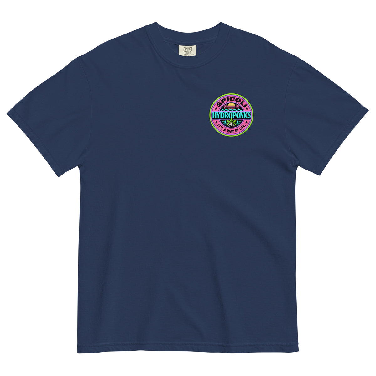 True Navy Comfort Colors 1717 T-shirt with a small Spicoli Hydroponics retro surf-style logo printed on the left chest.