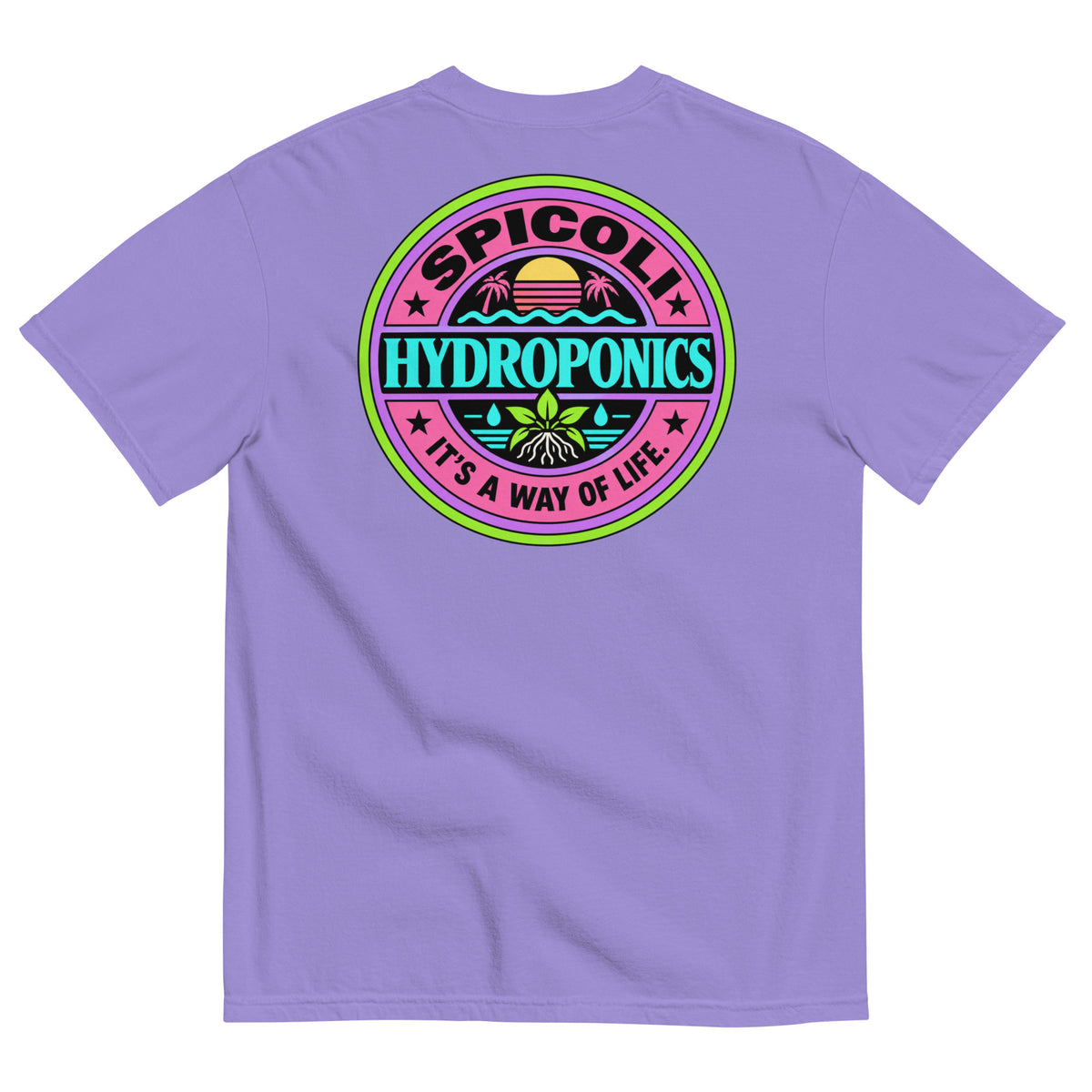 Back of a violet Comfort Colors 1717 T-shirt featuring a large colorful Spicoli Hydroponics graphic with retro 1980s surf styling and “It’s A Way Of Life” text.