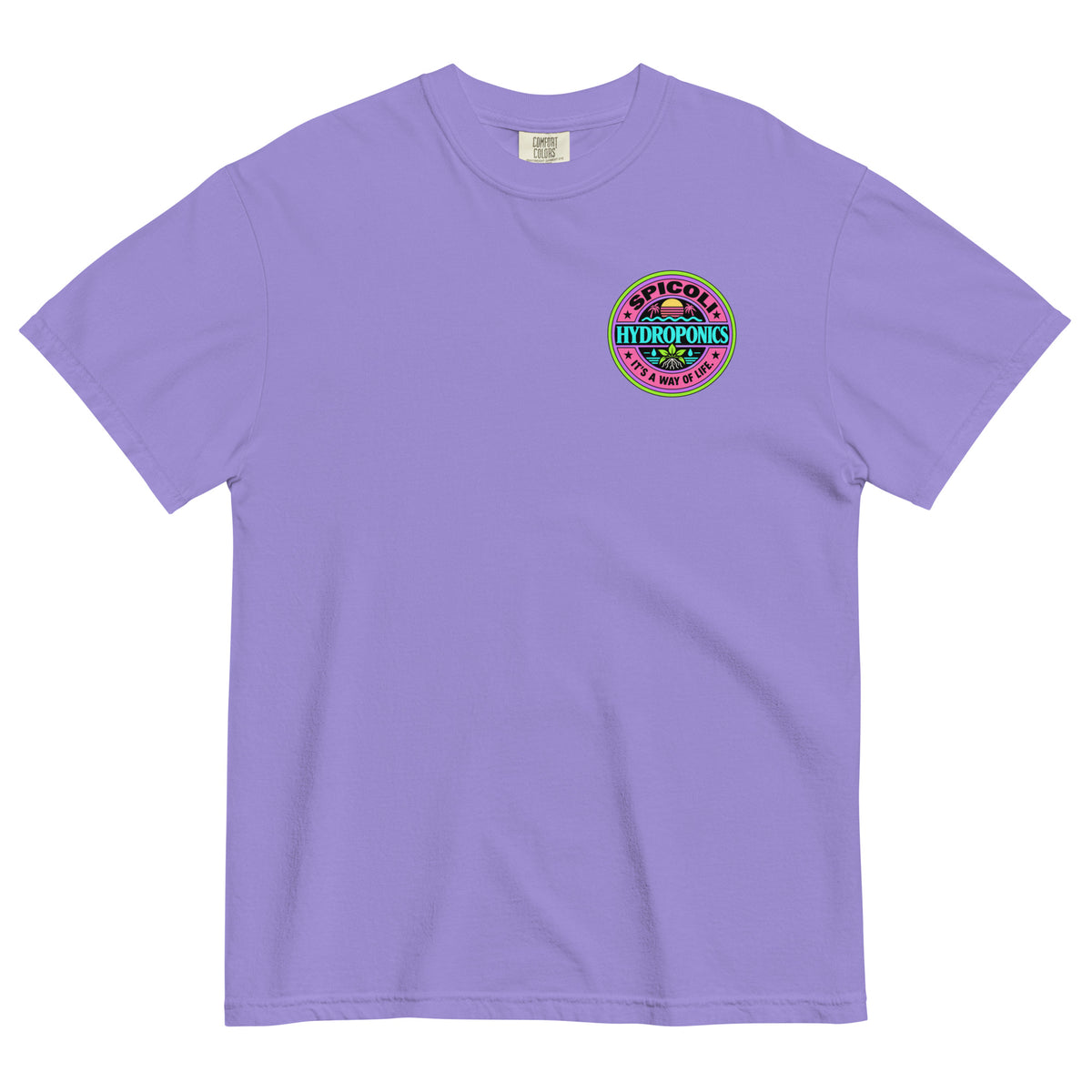 Violet colored Comfort Colors 1717 T-shirt with a small Spicoli Hydroponics retro surf-style logo printed on the left chest.