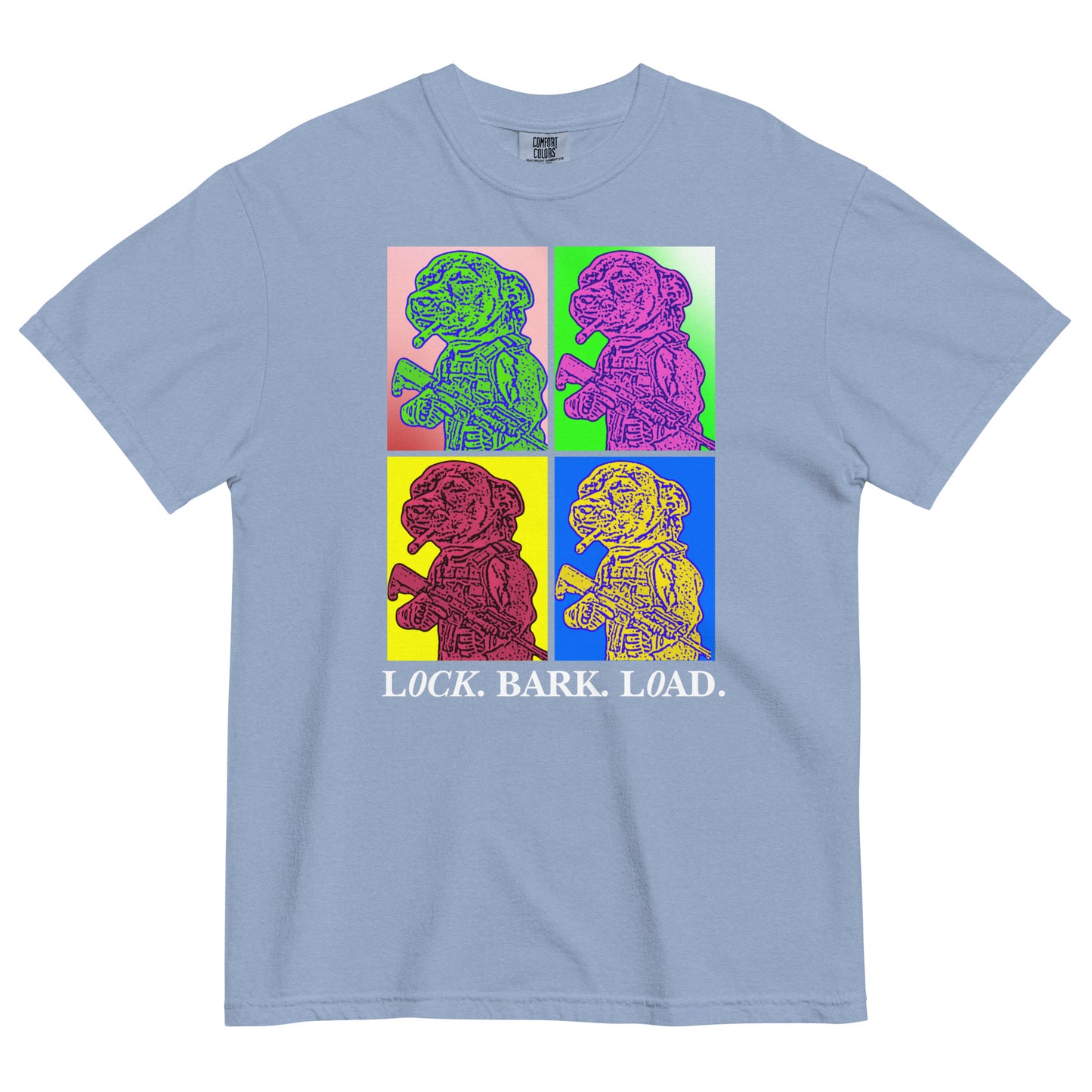 A washed denim women's t-shirt with a four-panel pop-art graphic of the tactical Chihuahua meme, with the text 'Lock. Bark. Load' underneath as a tribute to the New Order album 'Technique' pop art style cover art.
