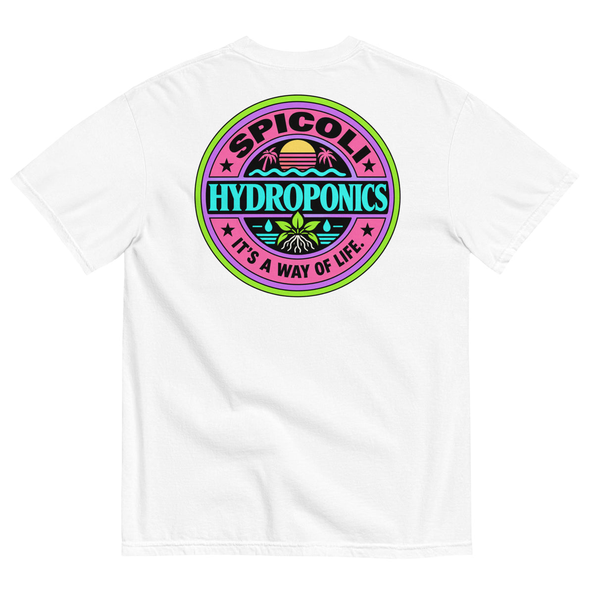 Back of a white Comfort Colors 1717 T-shirt featuring a large colorful Spicoli Hydroponics graphic with retro 1980s surf styling and “It’s A Way Of Life” text.