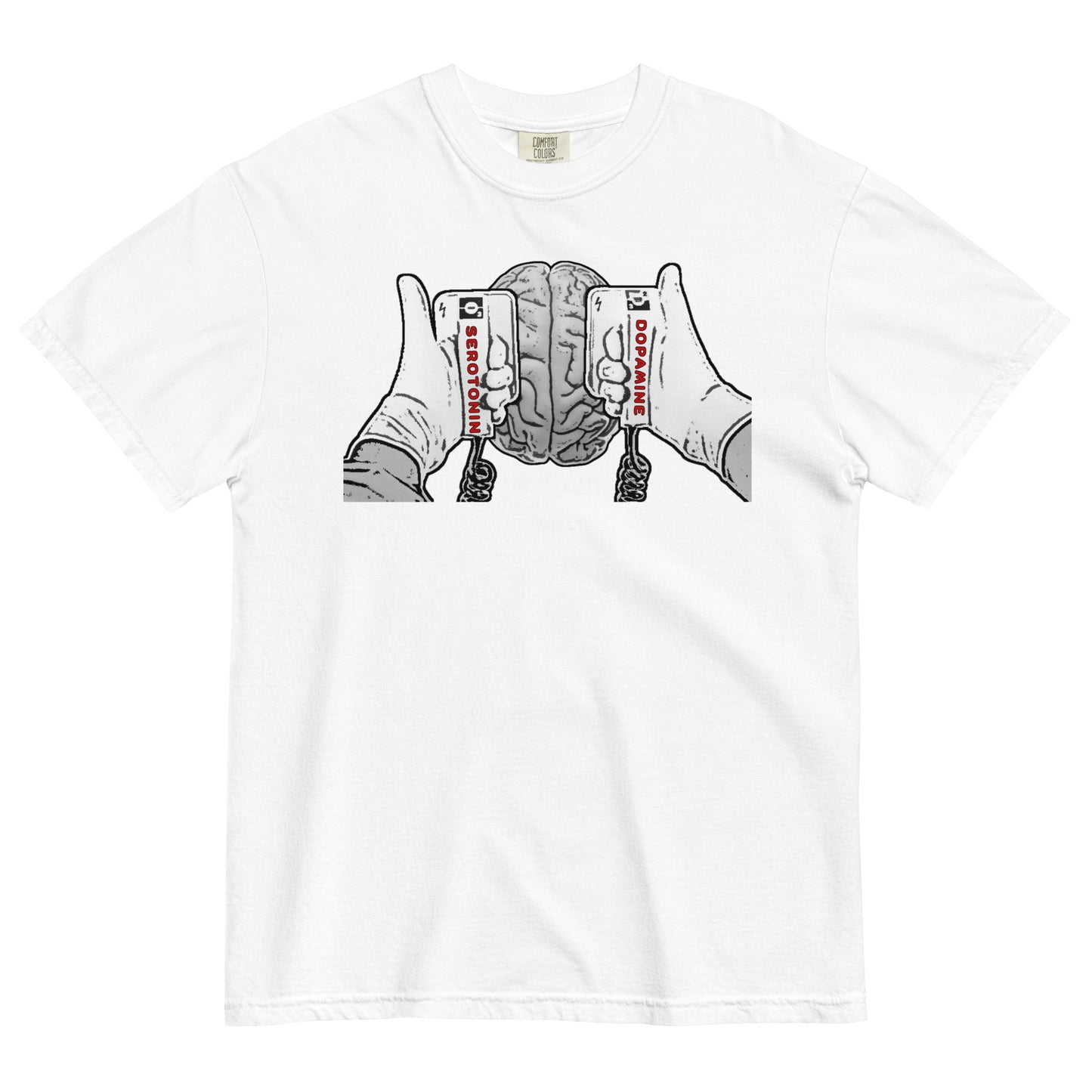A white colored t-shirt with a black and white line drawing graphic on the chest that shows a brain beneath two hands holding defibrillator paddles. The left paddle is labelled Serotonin and the right paddle is labelled Dopamine.  