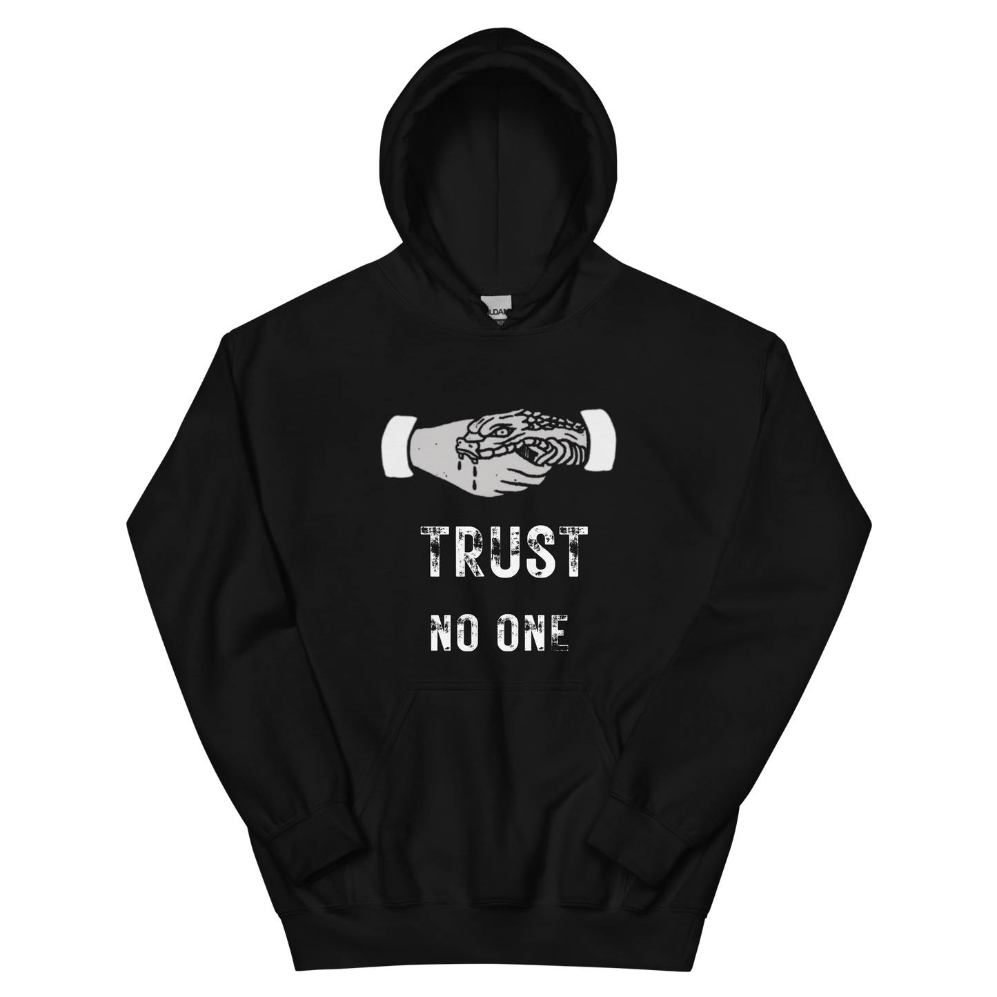 A black women's graphic hoodie featuring the slogan 'Trust No One' in bold, distressed typography.