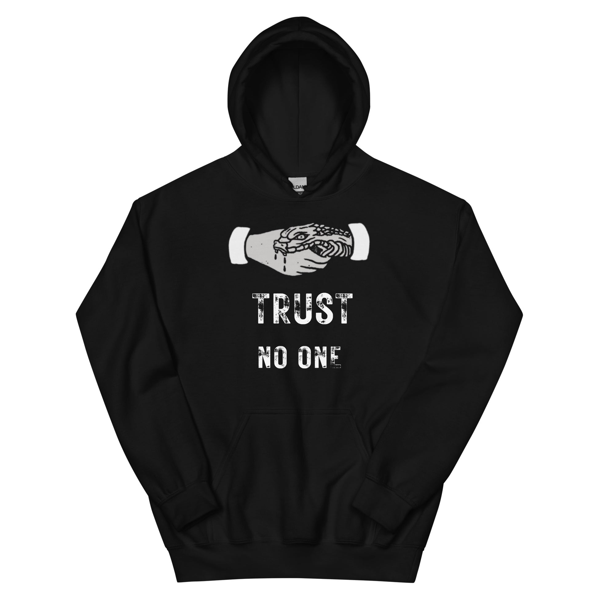 A black men's graphic hoodie featuring the slogan 'Trust No One' in bold, distressed typography.