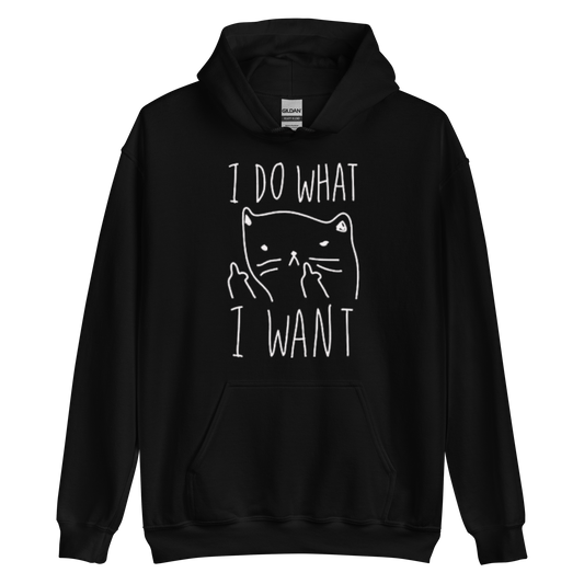 A black women's graphic hoodie featuring an annoyed cat and the humorous text 'I Do What I Want' in bold letters.